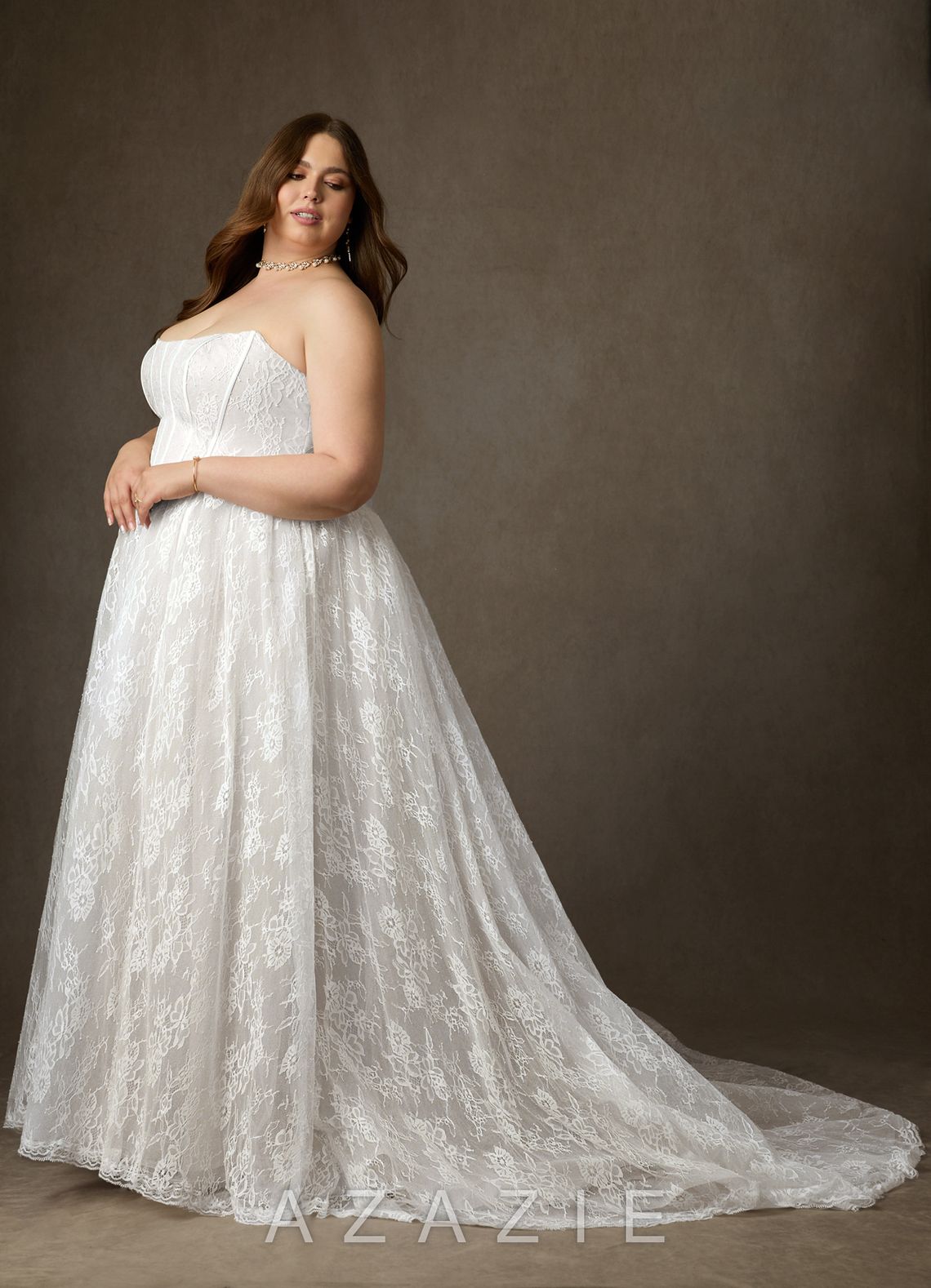 Azazie Demetria Diamond White Ball-Gown Strapless Lace Dress