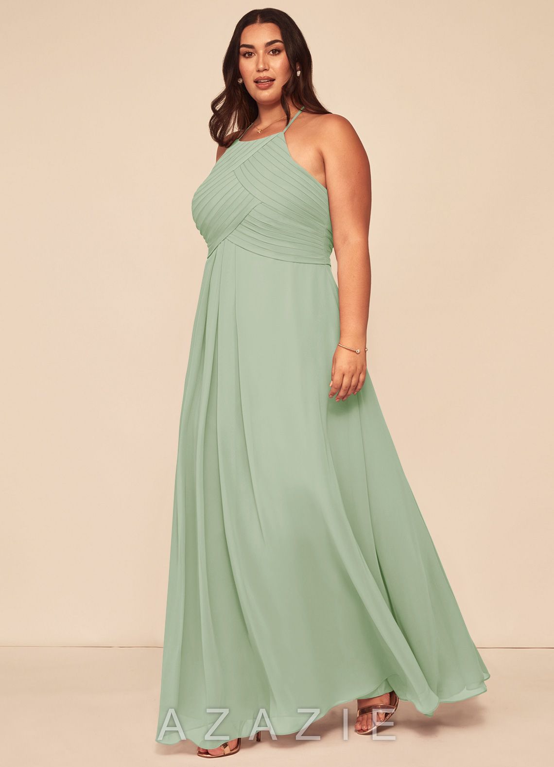 Azazie Ginger Dusty Sage A-Line Halter Pleated Chiffon Dress dusty_sage