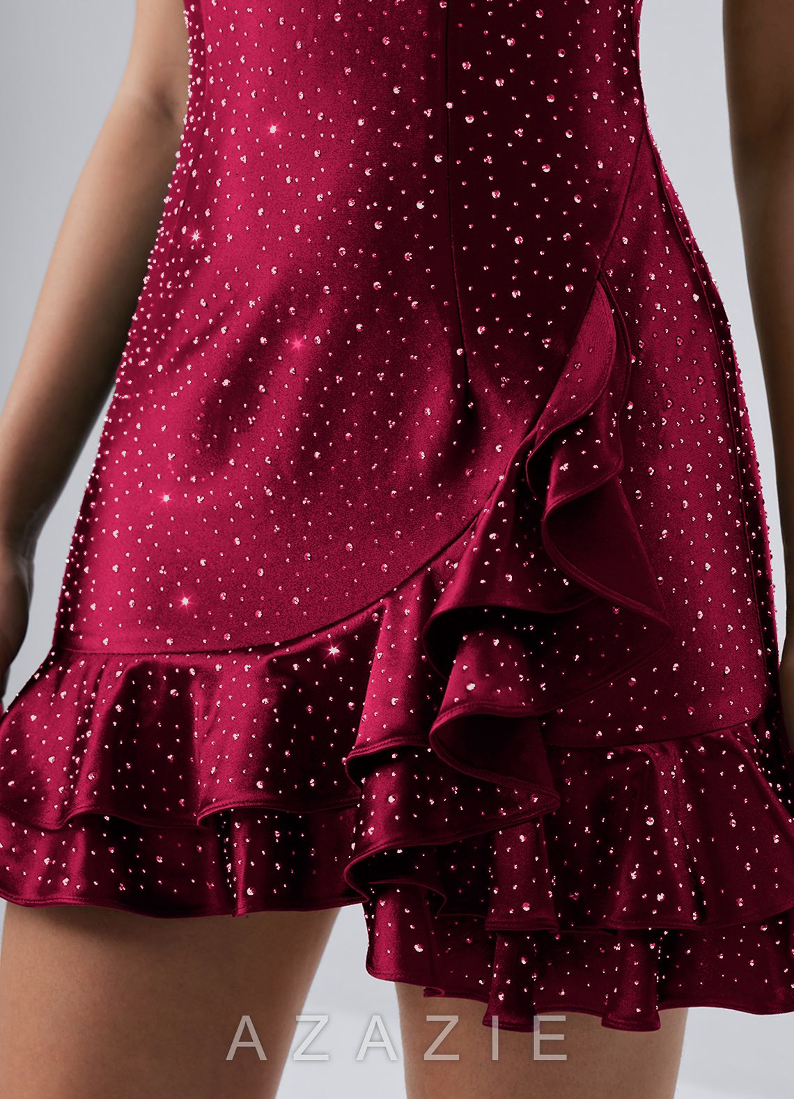 Katerina Burgundy Spaghetti Strap Satin Rhinestone Ruffle Lace-Up Mini Dress