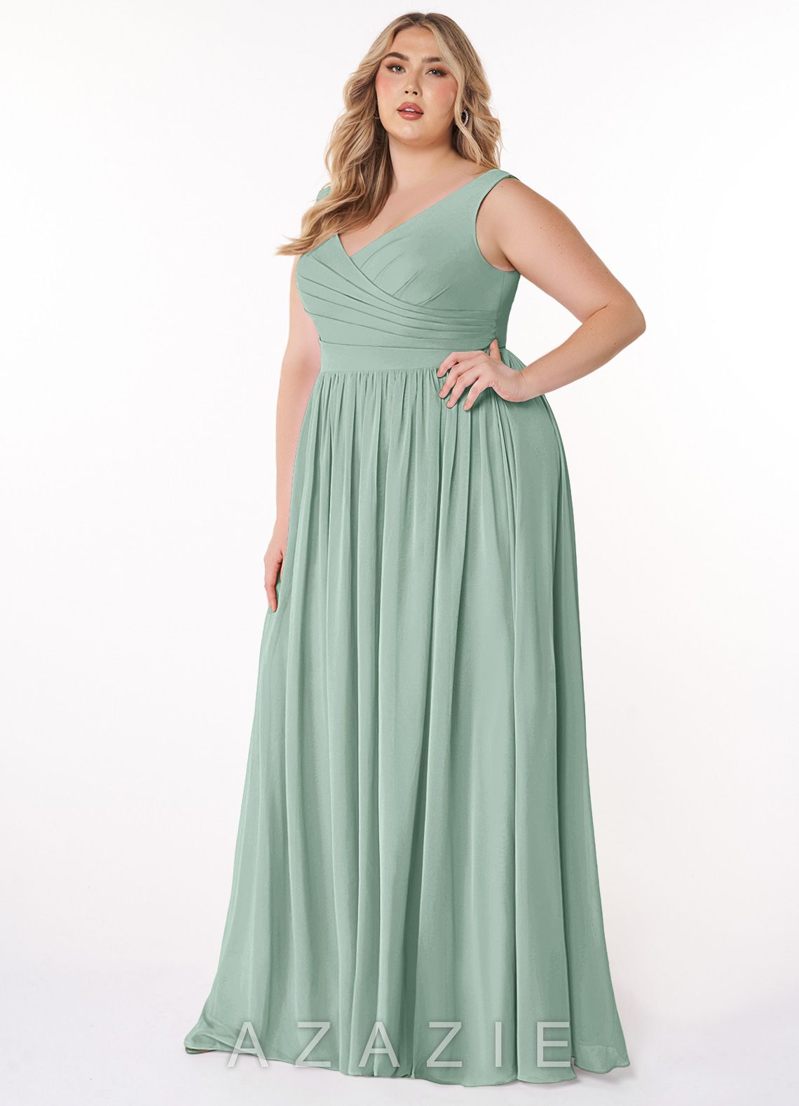 Azazie Keyla Agave A-Line V-Neck Pleated Chiffon Dress agave