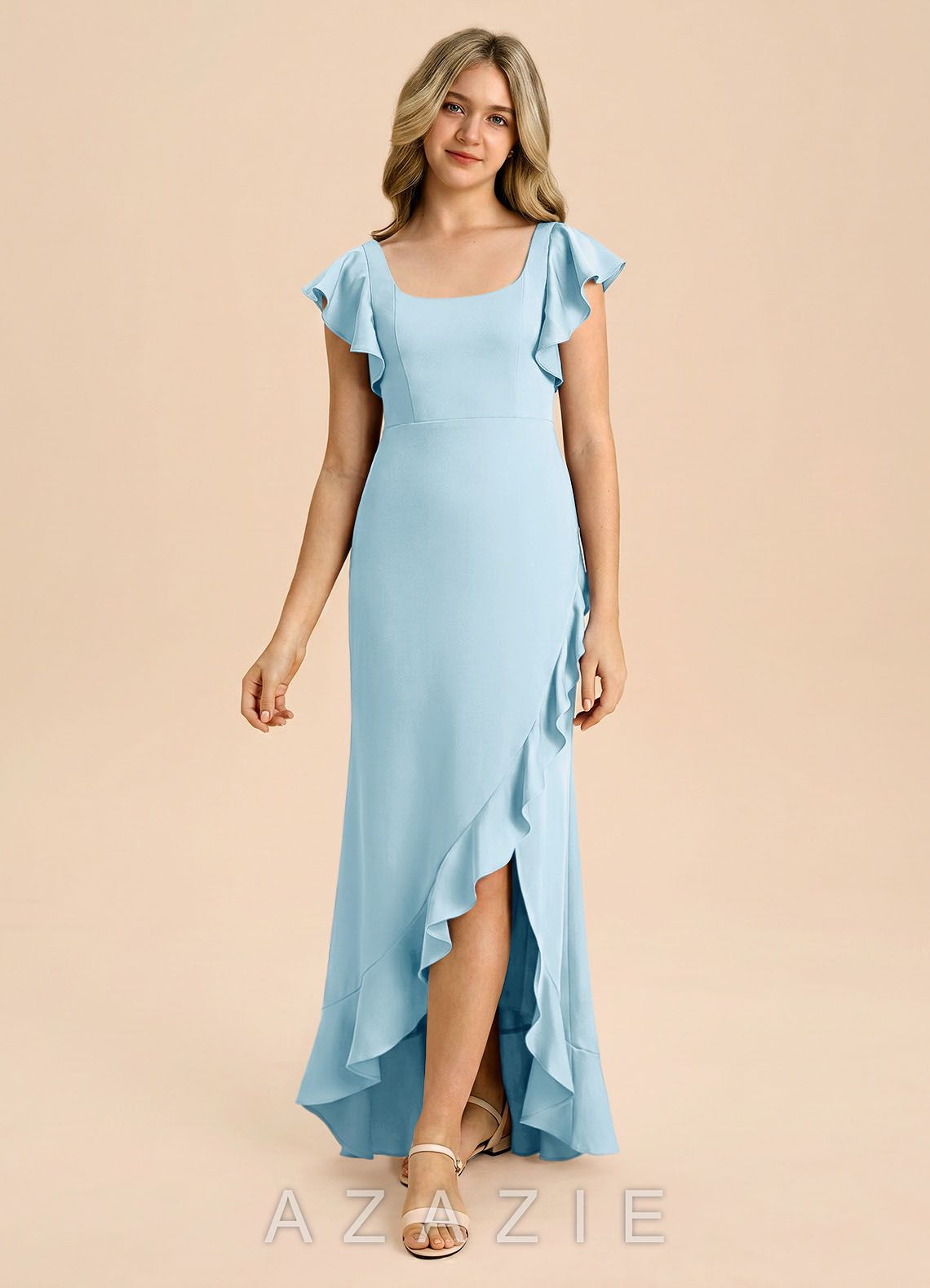 Azazie Demi Junior Sky Blue Mermaid Bow Stretch Satin Dress sky_blue