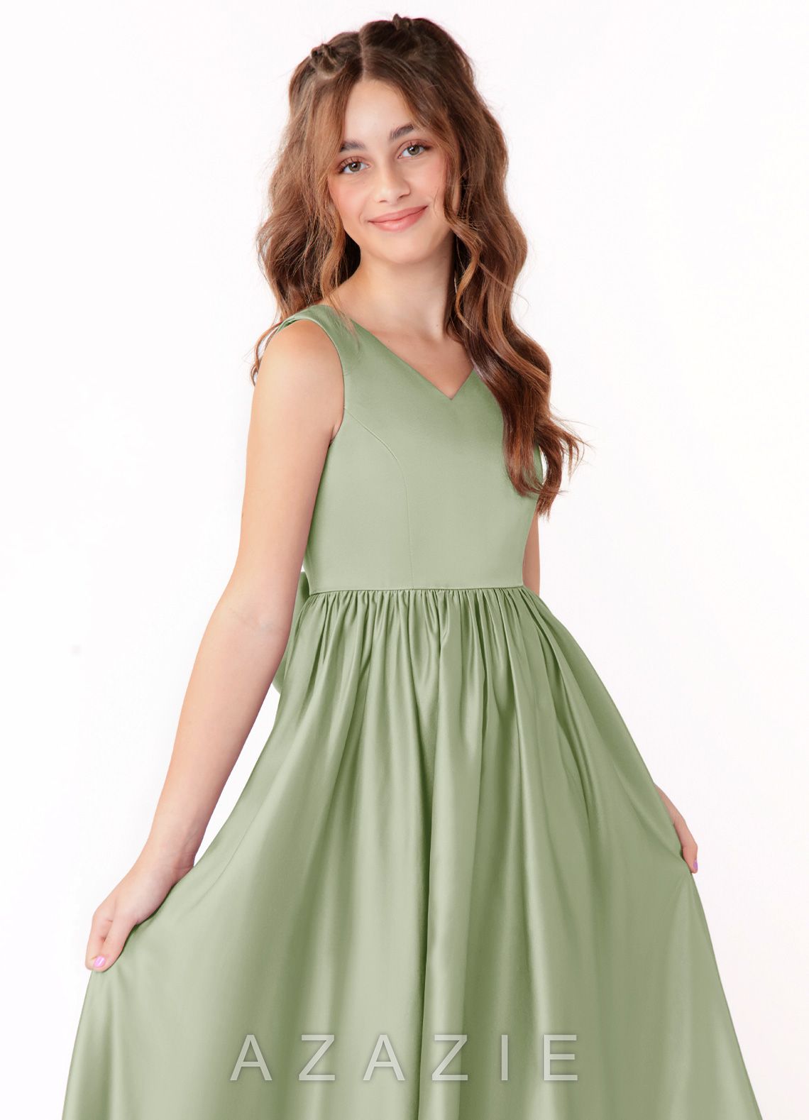 Azazie Hathaway Junior Dusty Sage A-Line Bow Stretch Satin Dress dusty_sage