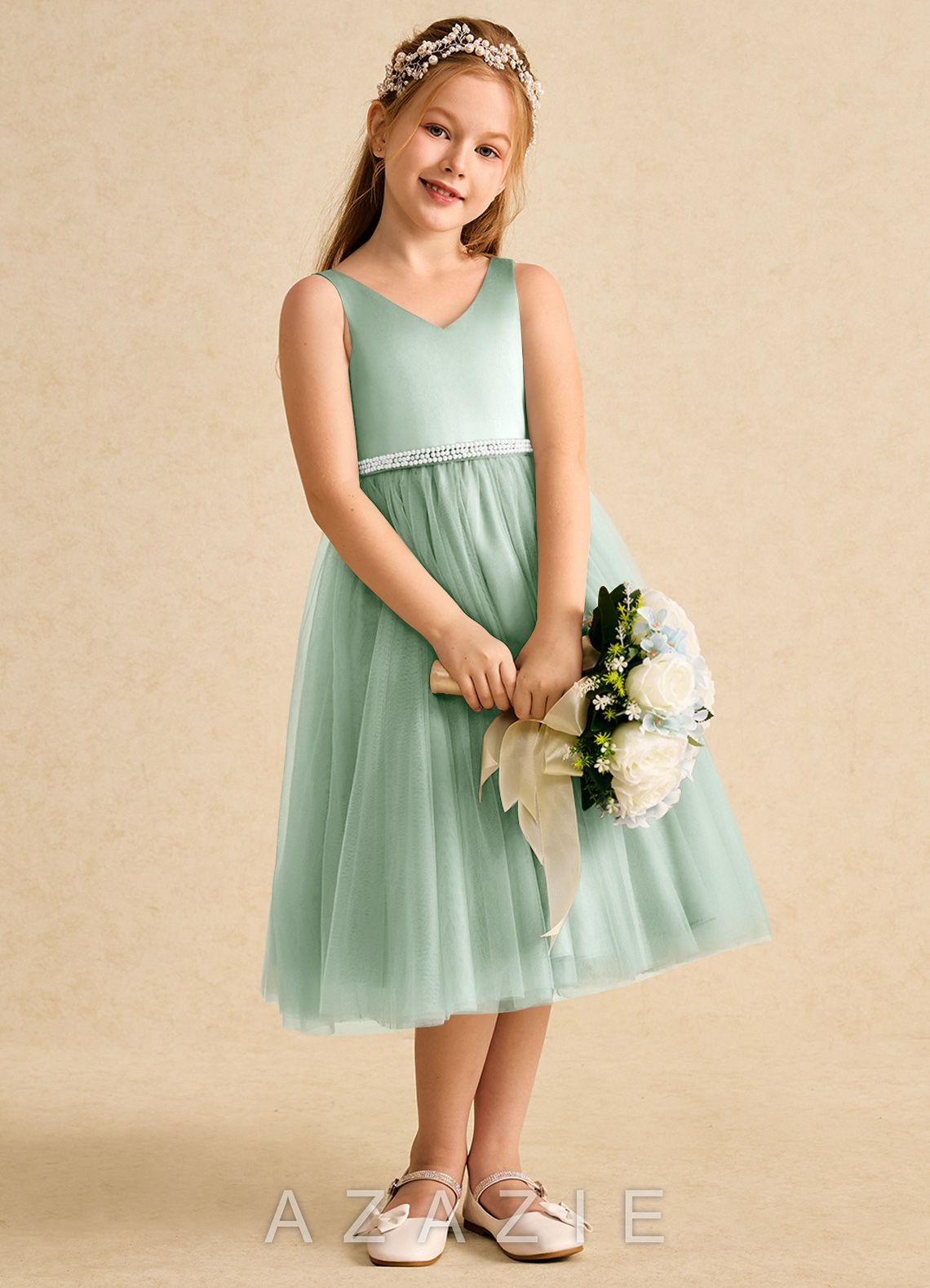 Azazie Firefly Agave A-Line Bow Matte Satin Dress agave