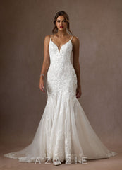 Azazie Camlynn Wedding Dress Diamond White Mermaid V-Neck Sequins Tulle Dress