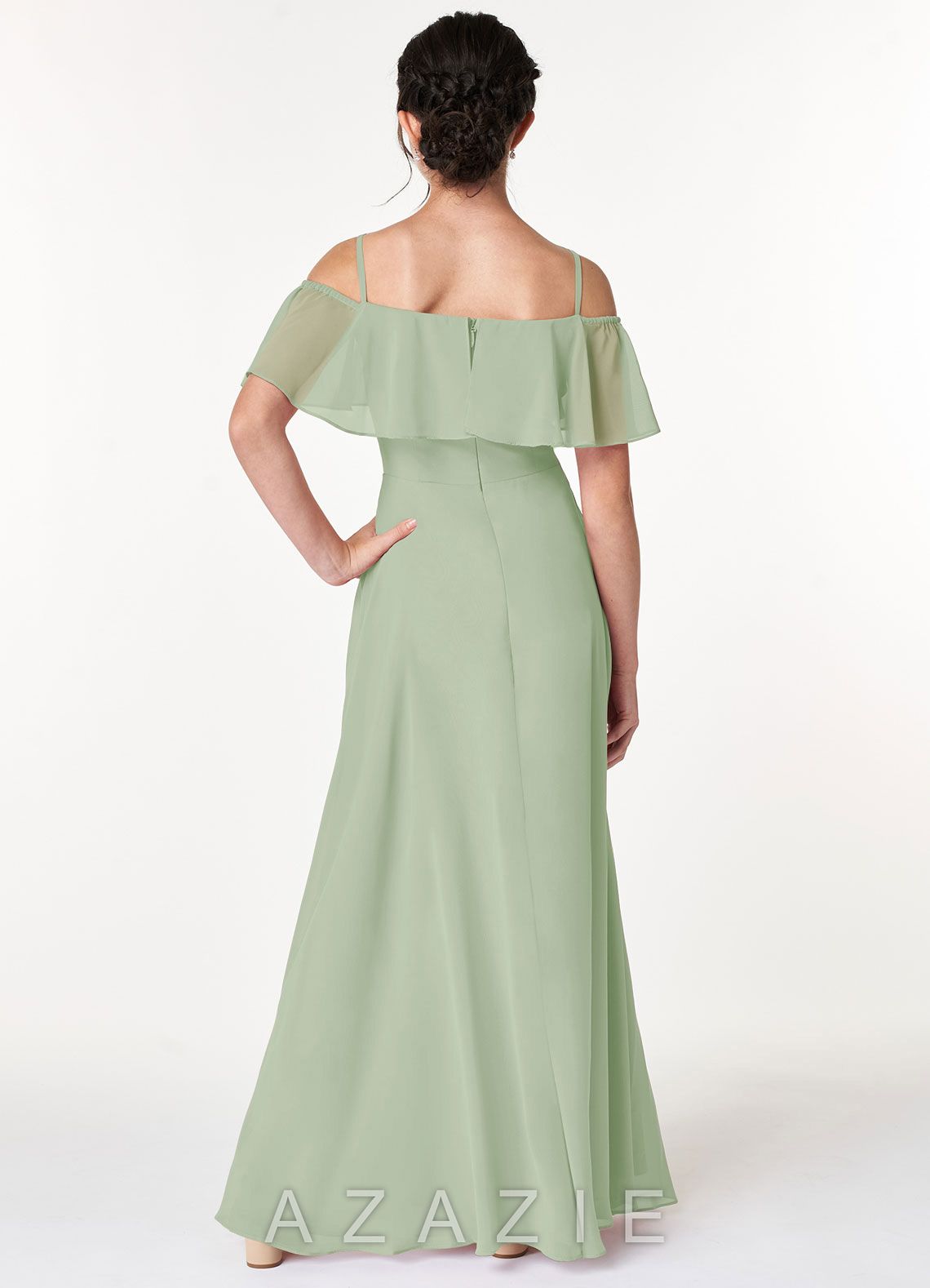 Azazie Maggie Junior Dusty Sage A-Line Off the Shoulder Chiffon Dress dusty_sage