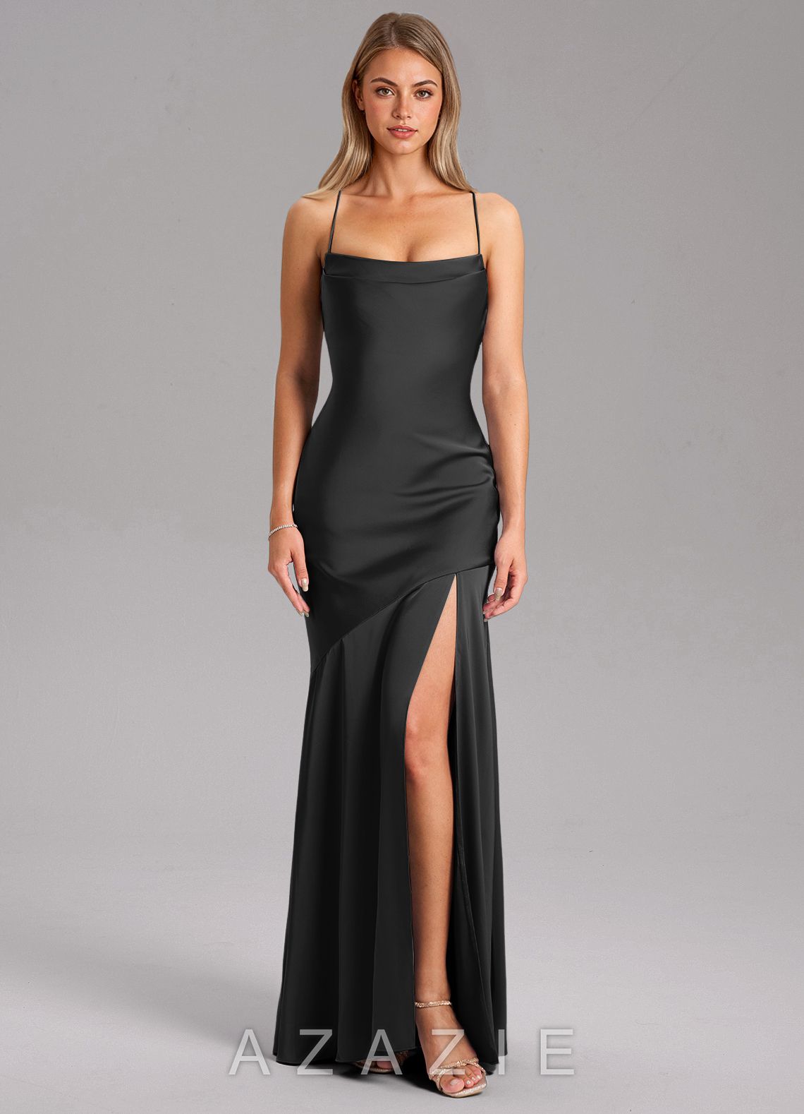 Azazie Grata Black Mermaid Side Slit Stretch Satin Dress black