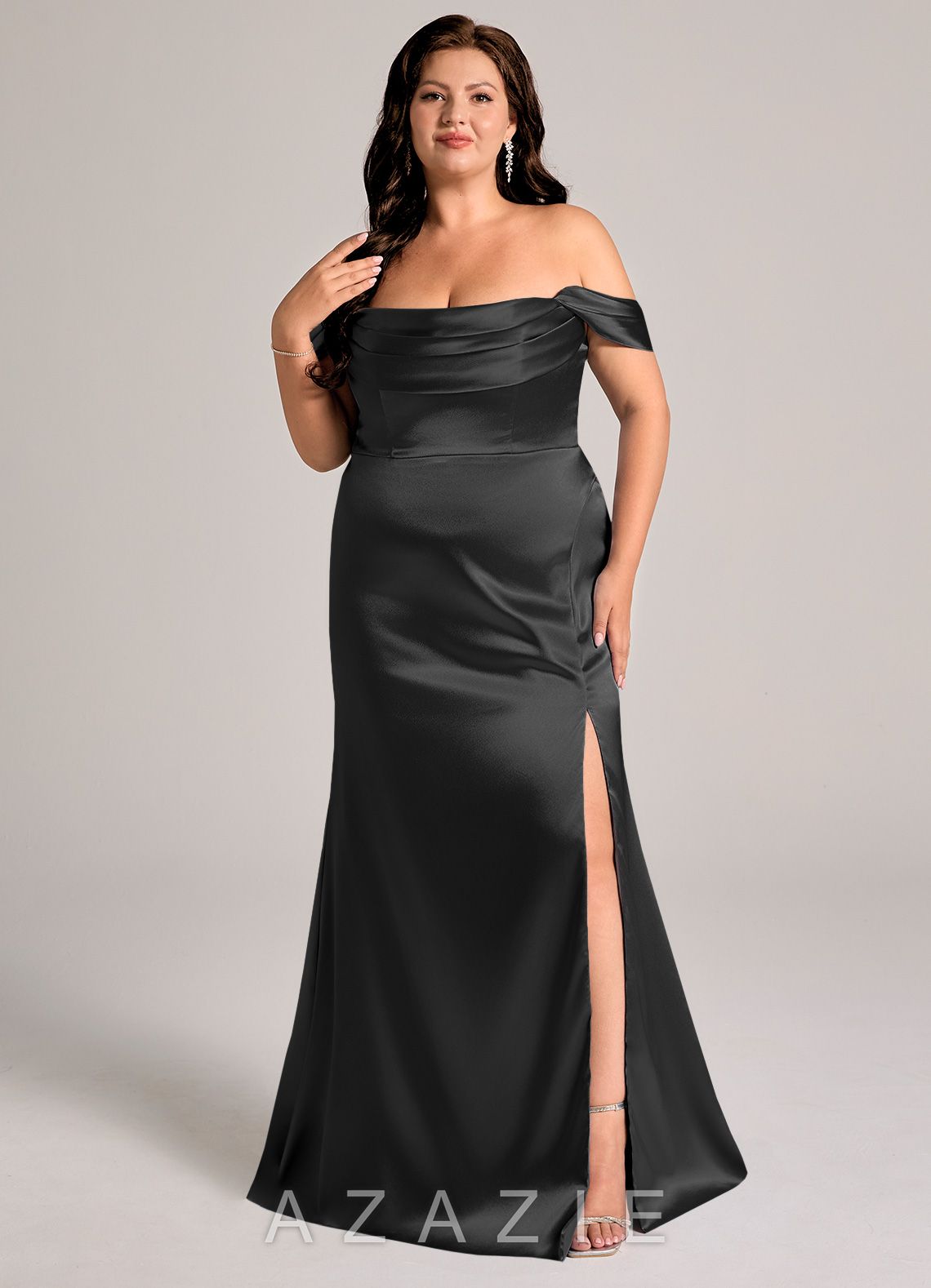 Azazie Saige Black Sheath Off the Shoulder Metallic Satin Convertible Dress black
