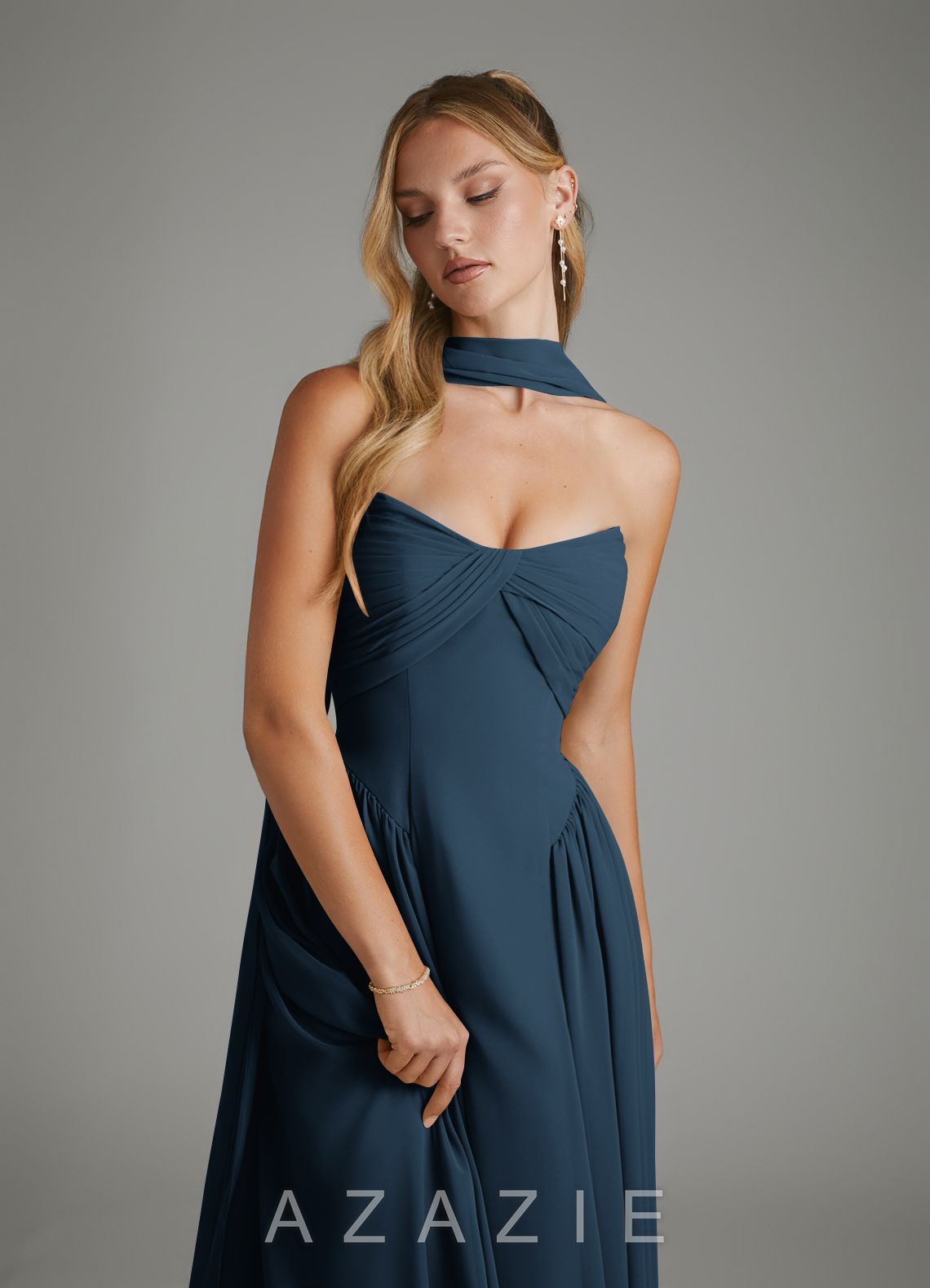 Azazie Evan Dark Navy A-Line Strapless Chiffon Dress dark_navy