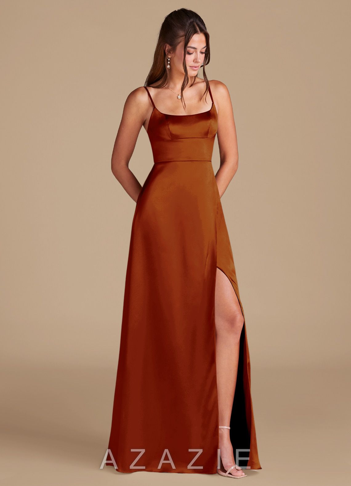 Azazie Halsey Auburn A-Line Side Slit Metallic Satin Dress