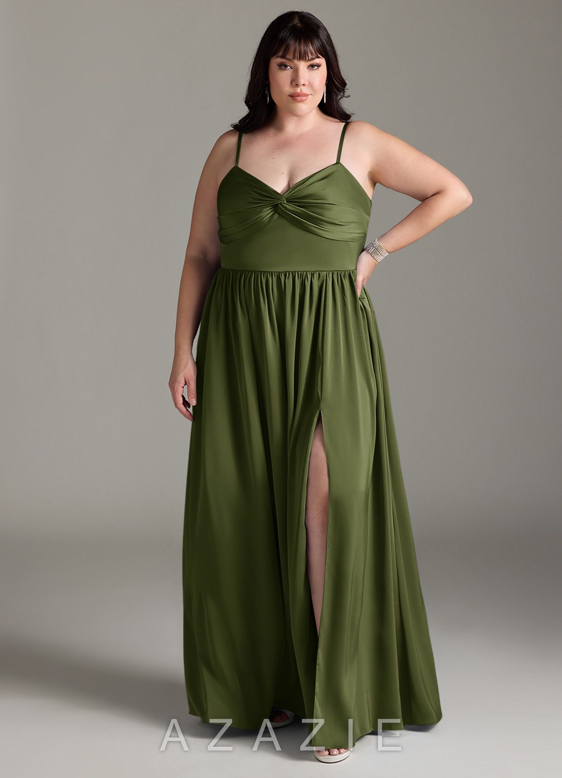 Azazie Zeya Olive A-Line Pleated Stretch Satin Dress olive