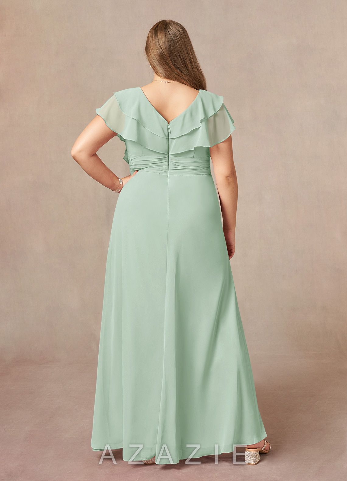 Azazie Snapdragon Agave A-Line V-Neck Ruched Chiffon Dress agave