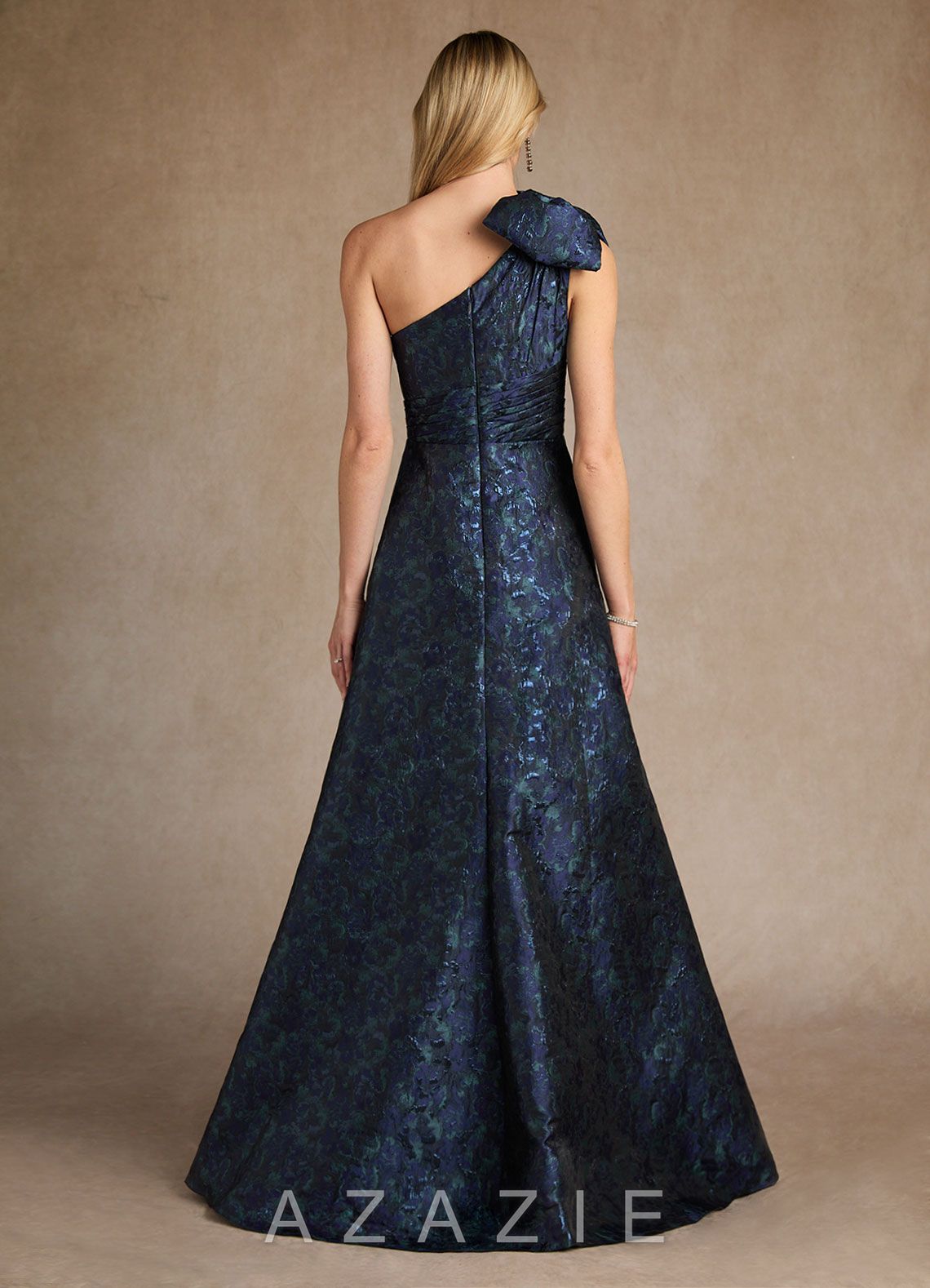 Azazie Easton Dark Navy A-Line One Shoulder Jacquard Dress dark_navy