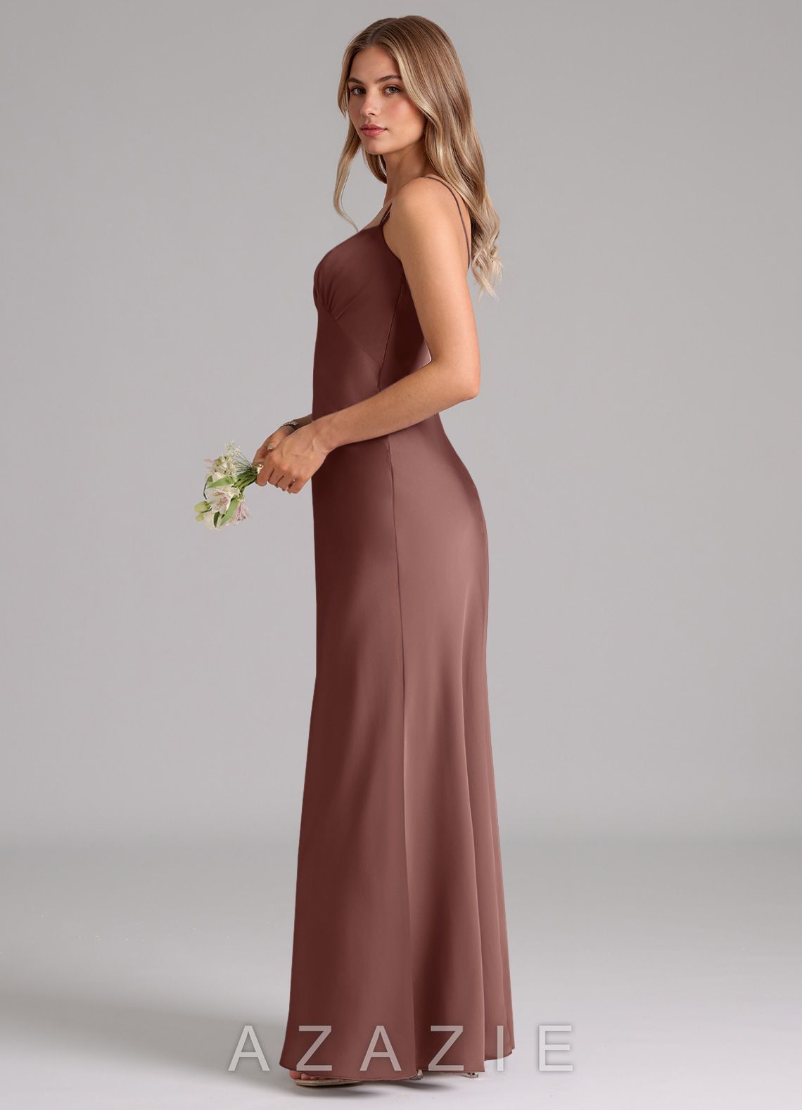 Azazie Suttona Espresso A-Line Pleated Stretch Satin Dress espresso