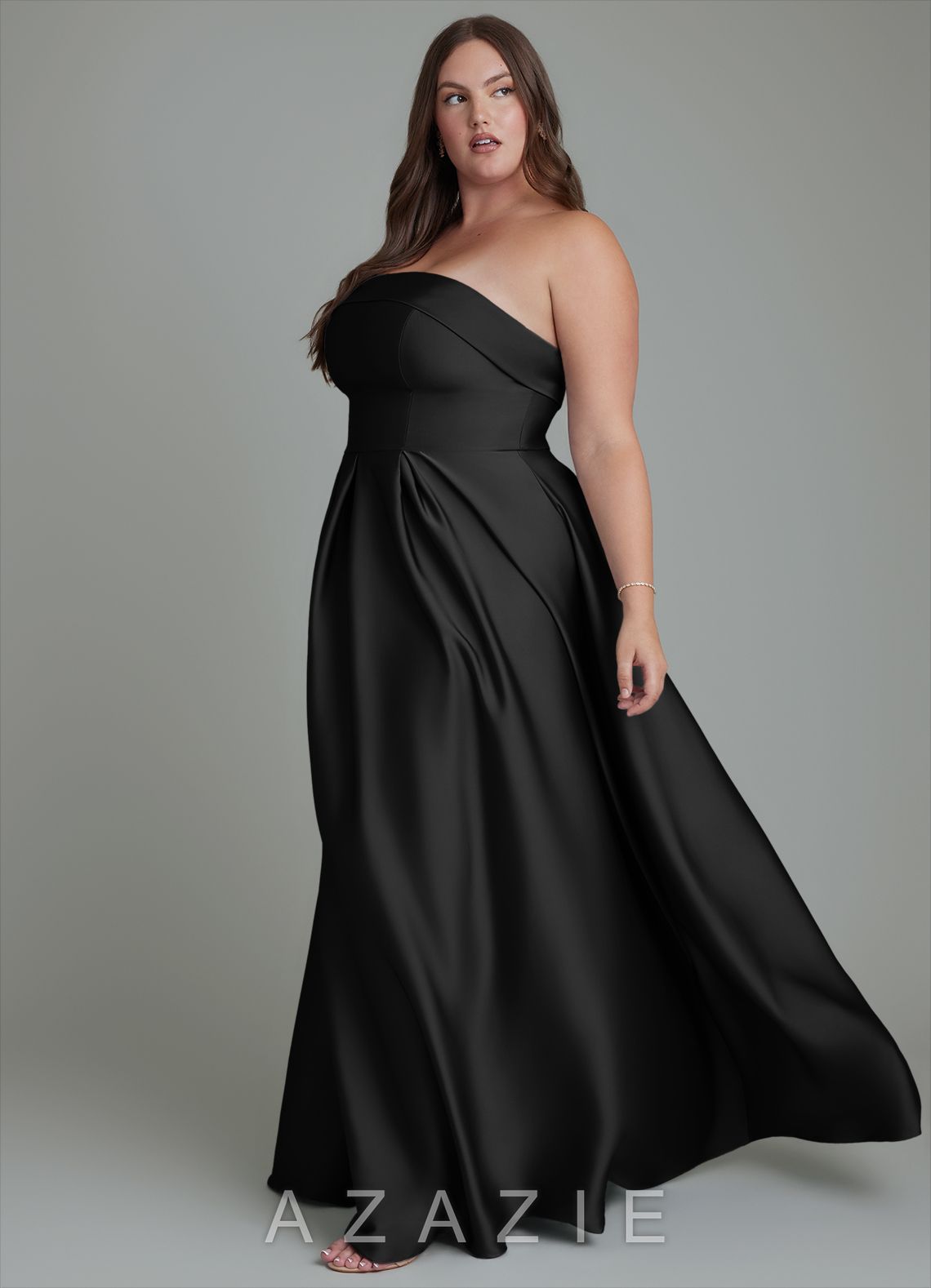 Azazie Lucienne Black A-Line Strapless Stretch Satin Convertible Dress black