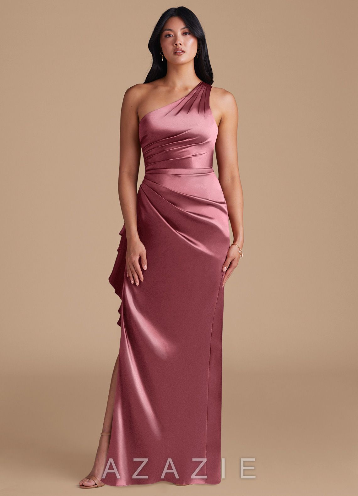 Azazie Latrice Desert Rose Sheath One Shoulder Metallic Satin Dress desert_rose