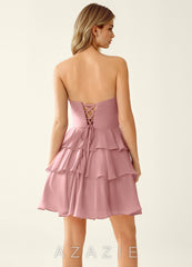 Orosecy Dusty Pink Cut-out Waist Ruffles Chiffon Mini Dress