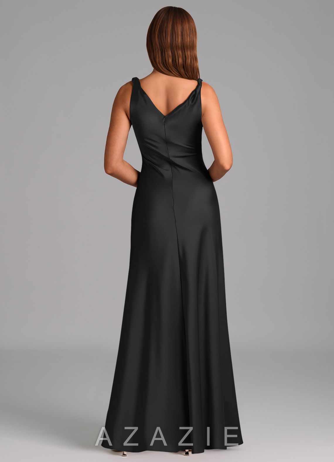 Azazie Nerine Black A-Line Pleated Stretch Satin Dress black