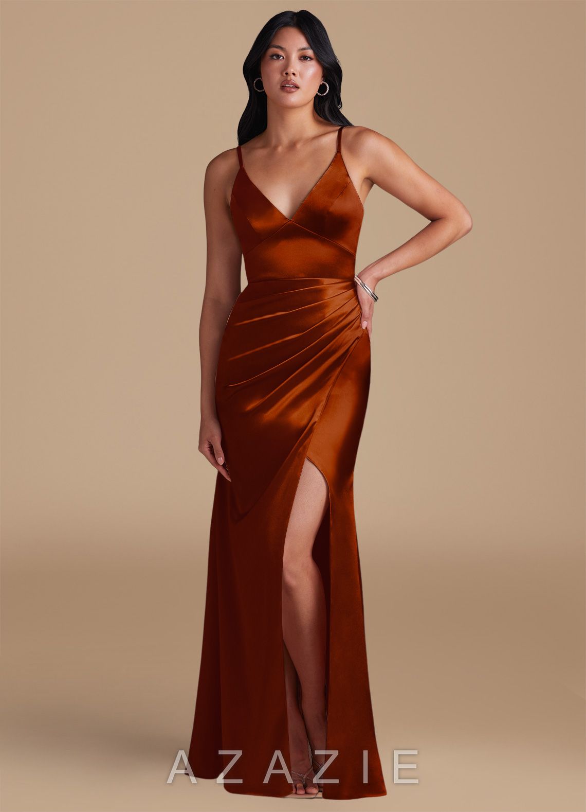 Azazie Shania Auburn Sheath Pleated Metallic Satin Dress auburn