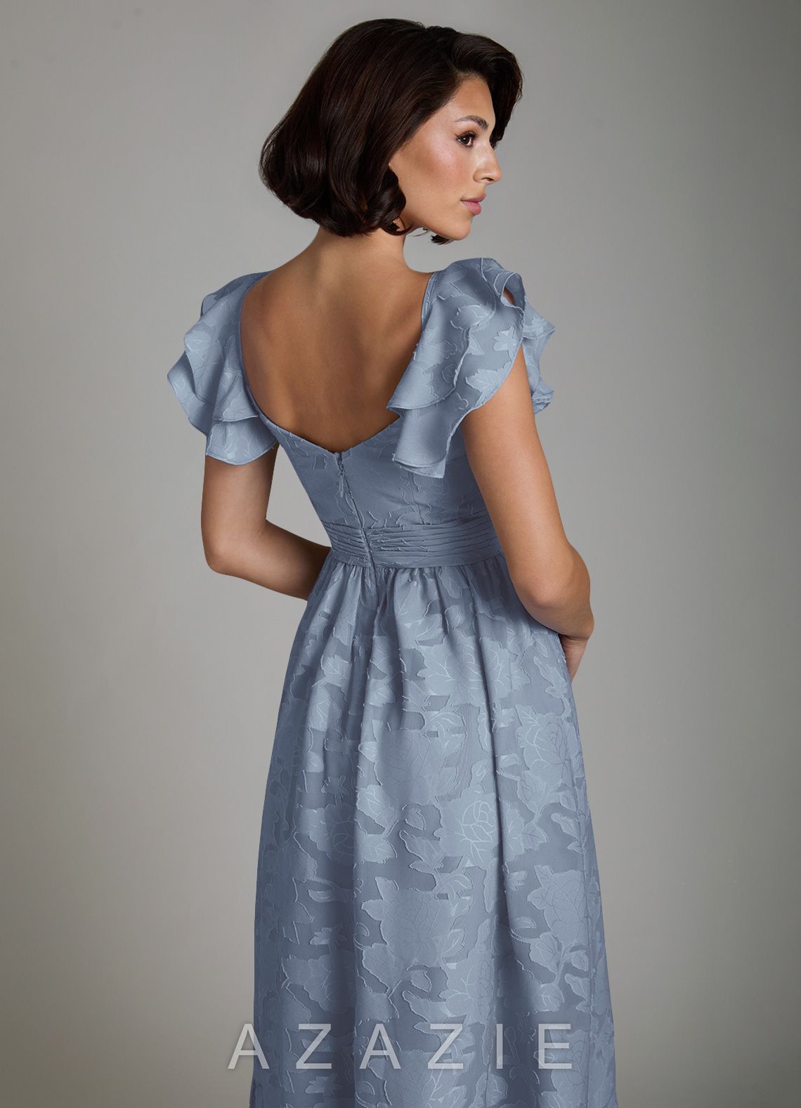 Azazie Anaya Dusty Blue A-Line Ruched Floral Burnout Dress dusty_blue