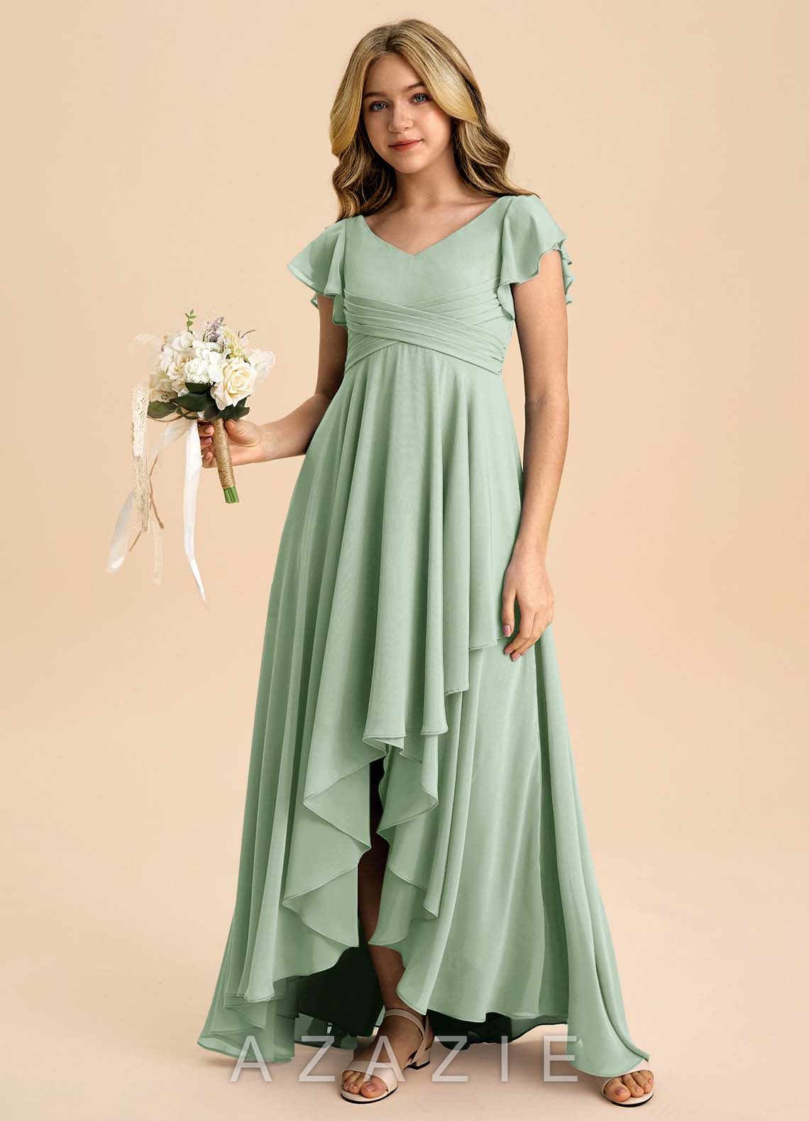 Azazie Caria Junior Agave A-Line Pleated Chiffon Dress agave