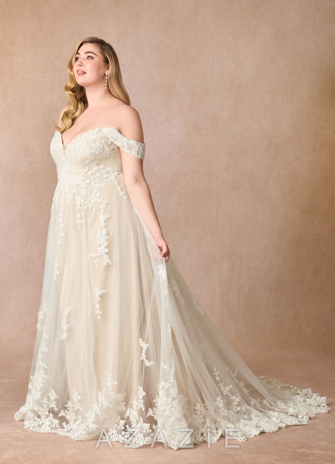 Azazie Botanica Wedding Dress Diamond White Champagne A-Line Off the Shoulder Tulle Dress diamond_white/champagne