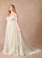 Azazie Botanica Wedding Dress Diamond White Champagne A-Line Off the Shoulder Tulle Dress diamond_white/champagne