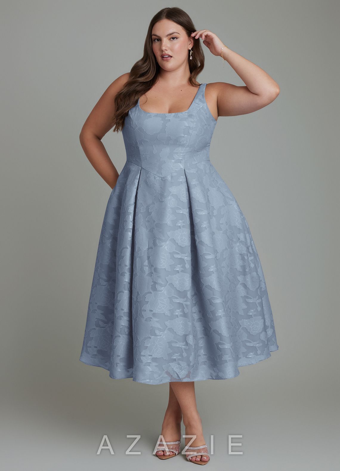 Azazie Amalie Dusty Blue A-Line Pleated Floral Burnout Dress dusty_blue