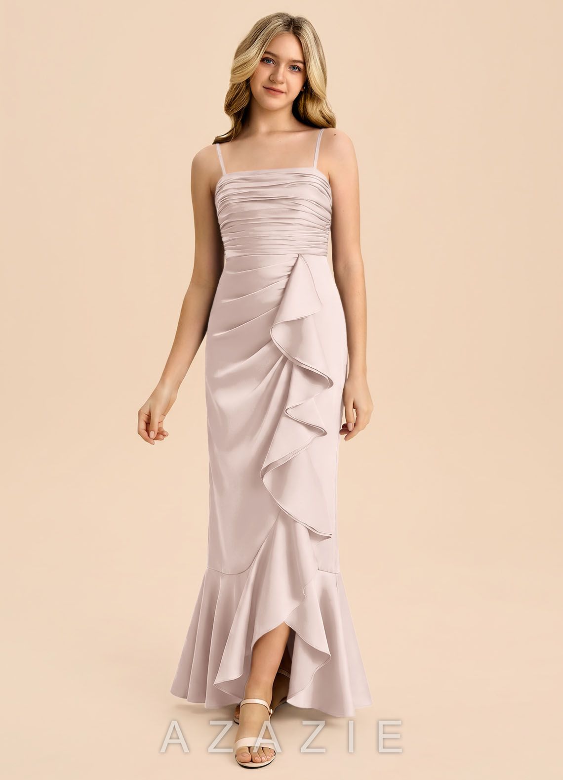 Azazie Ryan Junior Blushing Pink Sheath Bow Stretch Satin Dress blushing_pink