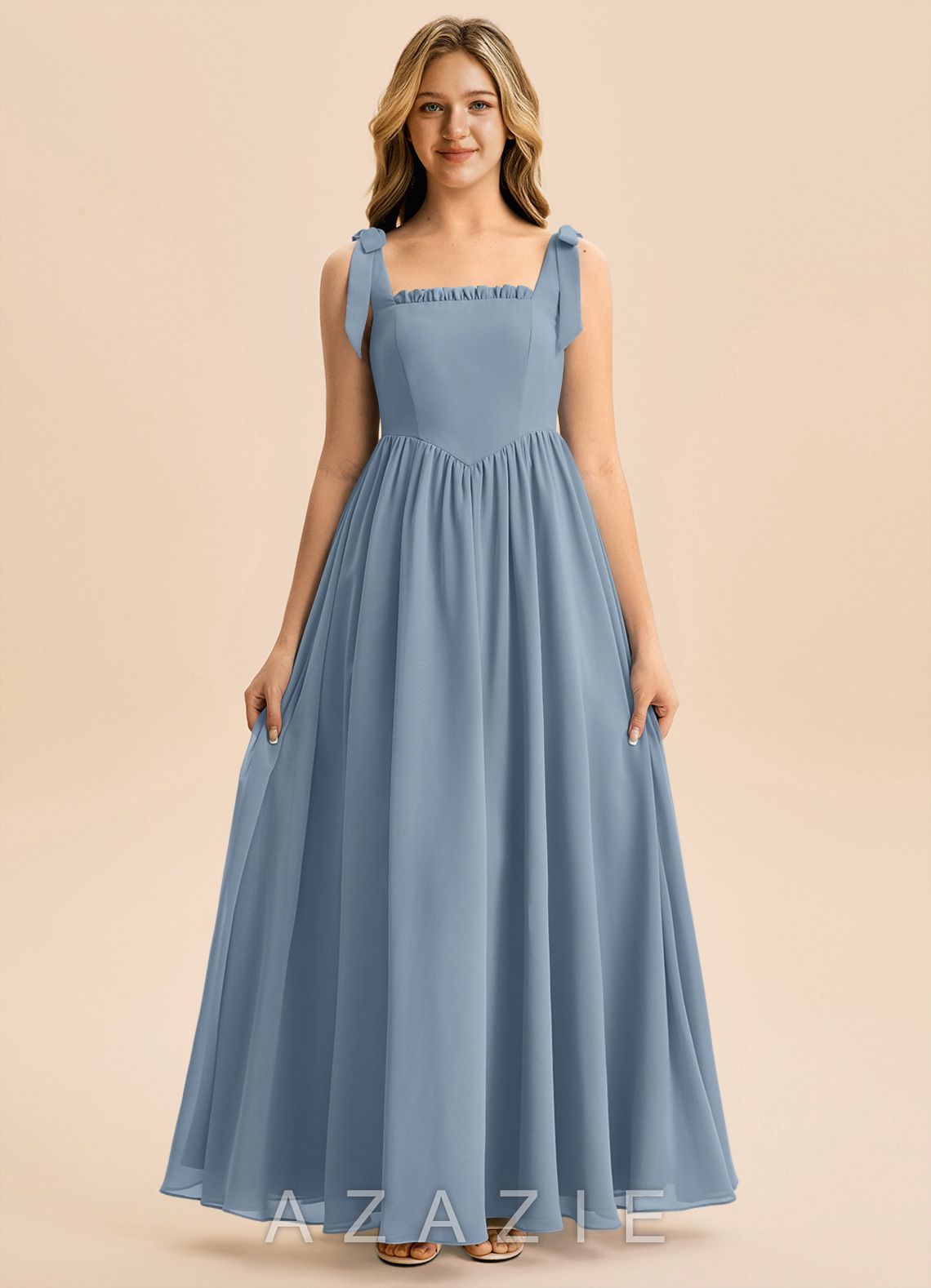 Azazie Delia Junior Dusty Blue A-Line Bow Chiffon Dress dusty_blue