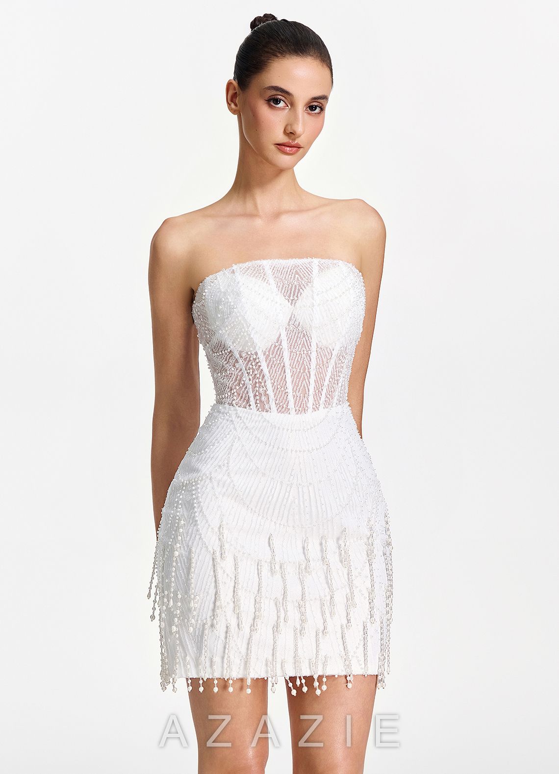 Malvina White Strapless Mesh Corset Pearl Fringe Mini Dress