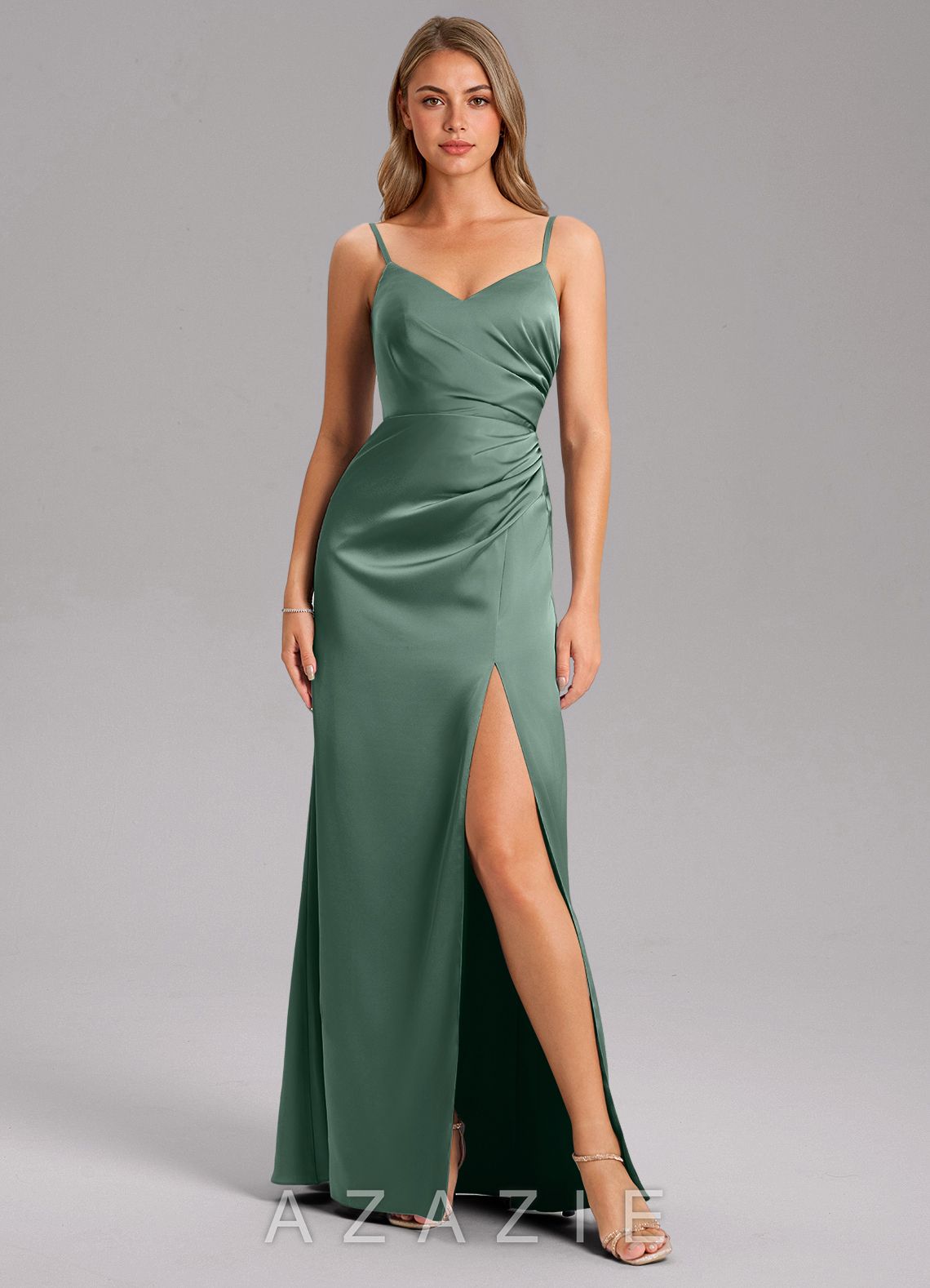 Azazie Azuree Eucalyptus A-Line Pleated Stretch Satin Dress eucalyptus