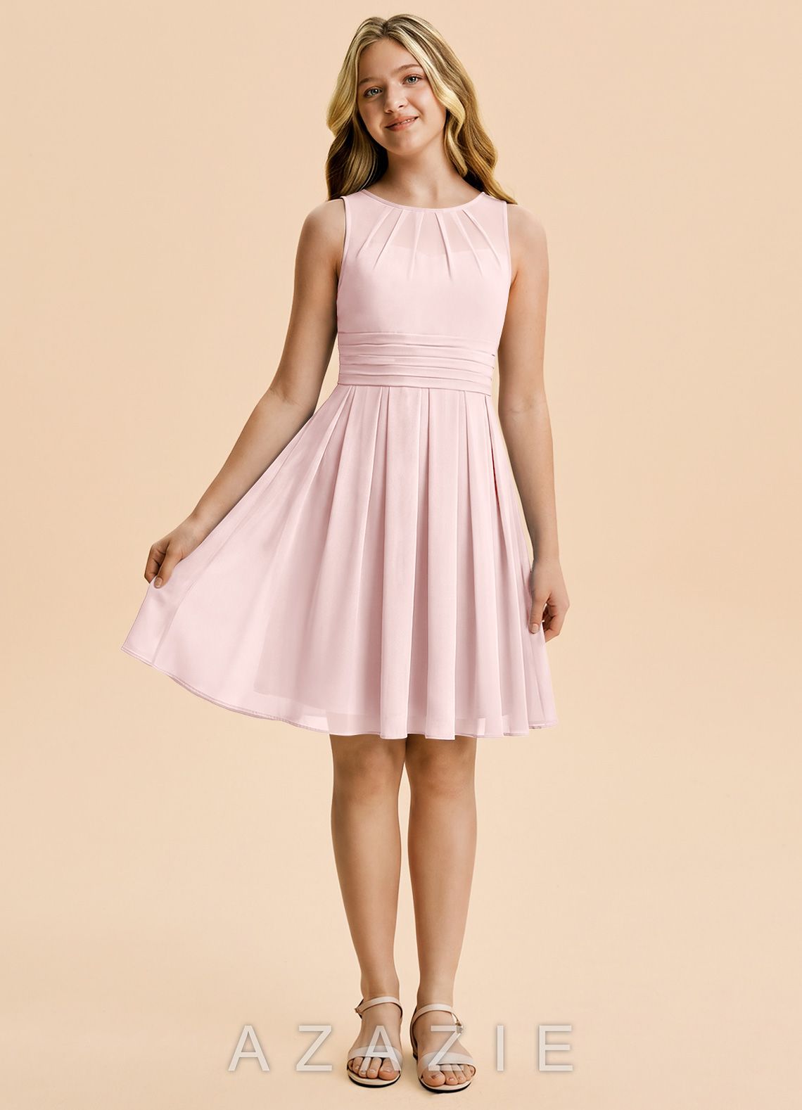 Azazie Bibiane Junior Blushing Pink A-Line Pleated Chiffon Dress blushing_pink