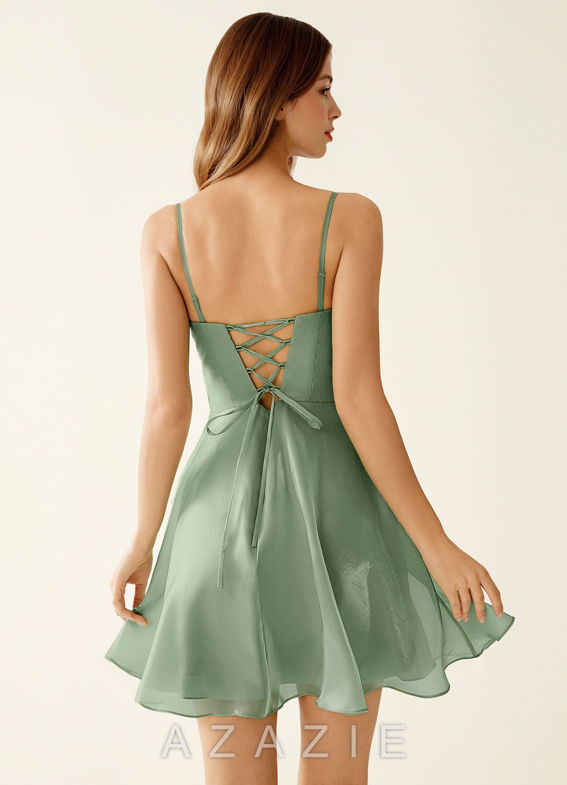 Nadine Sage Satin Faced Chiffon Ruffled Mini Dress