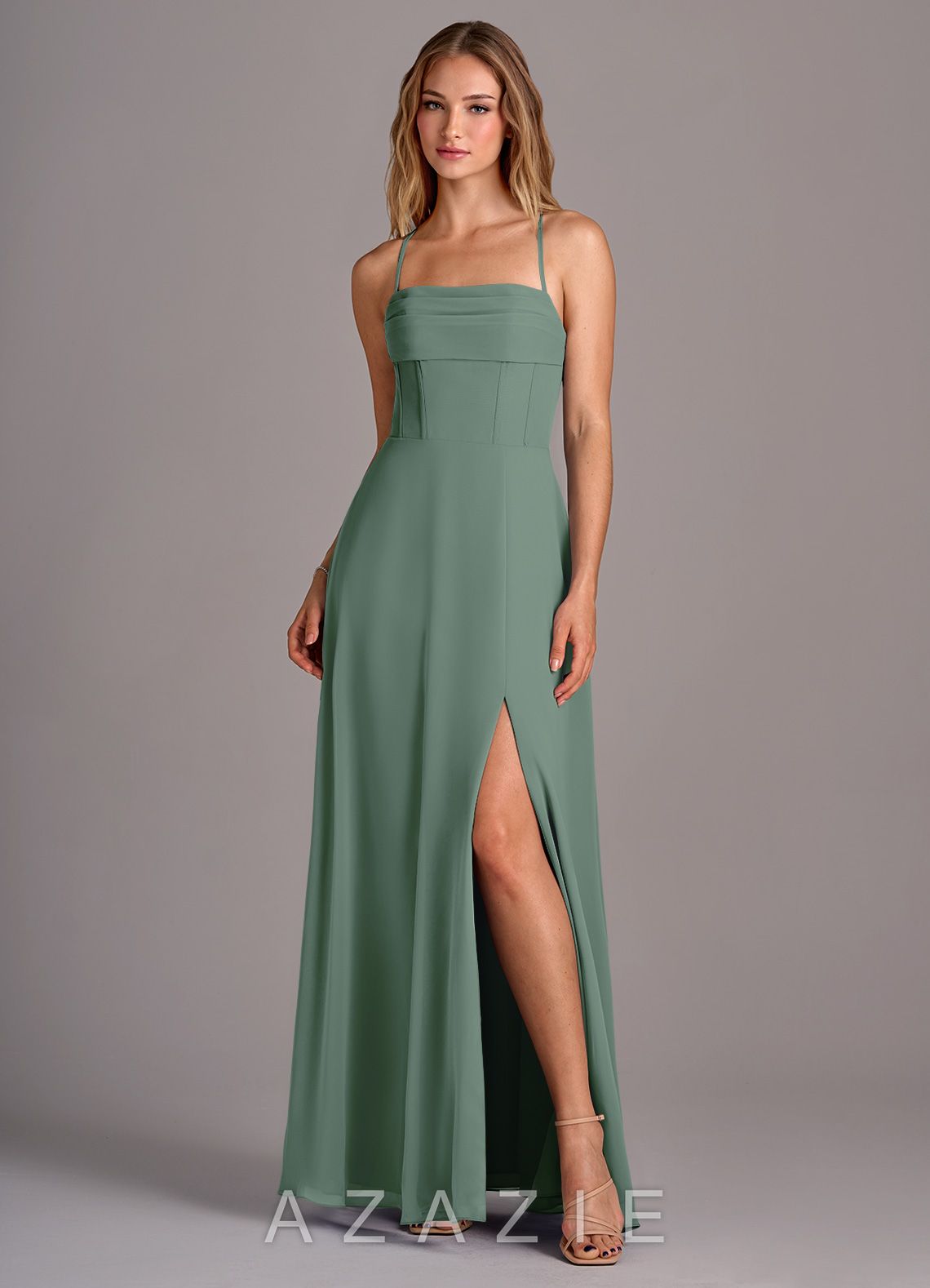 Azazie Carolyn Eucalyptus A-Line Pleated Chiffon Dress