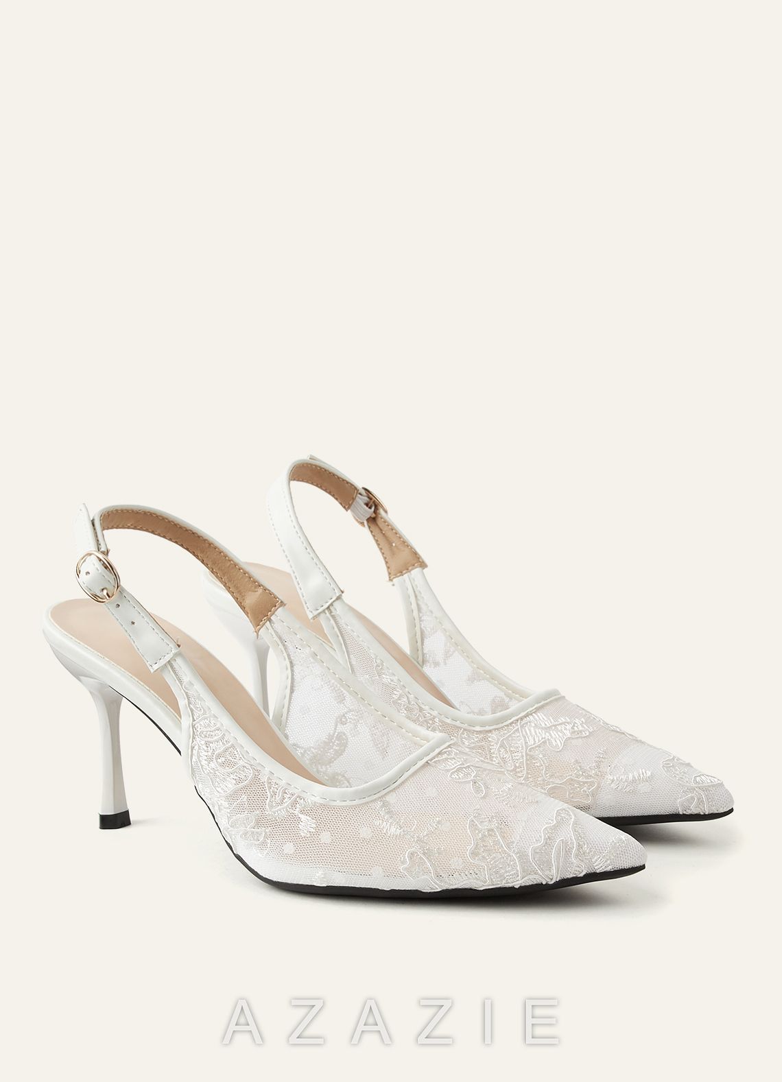 Embroidered Tulle Pointed Toe Slingback Heels  ivory