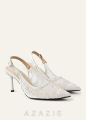 Embroidered Tulle Pointed Toe Slingback Heels  ivory