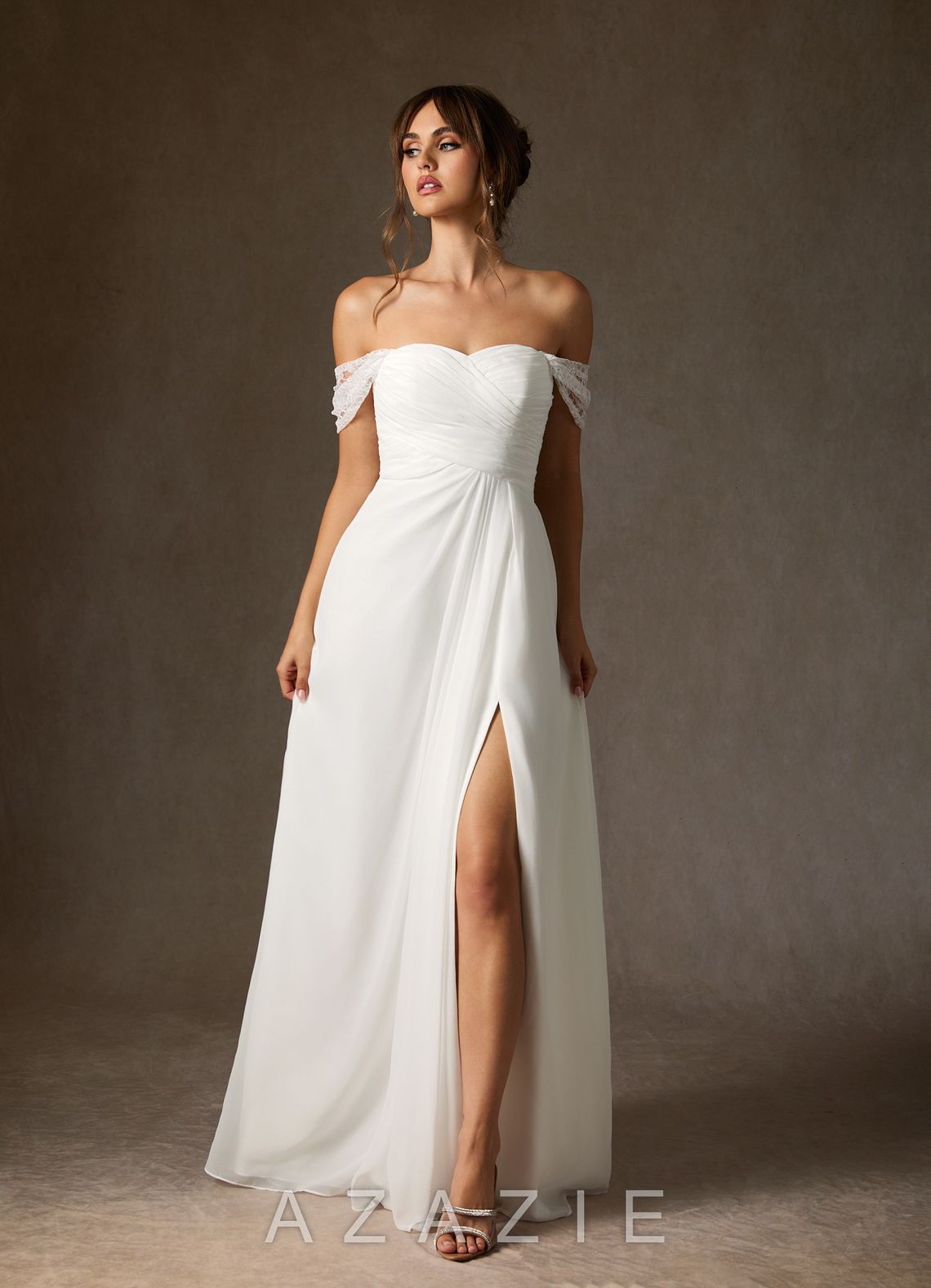 Azazie Zadie Wedding Dress Diamond White A-Line Off the Shoulder Chiffon Dress diamond_white