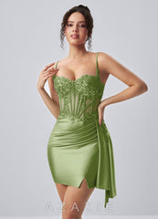 Calisthenia Sage Stretch Satin Corset Lace Rhinestones Mini Dress