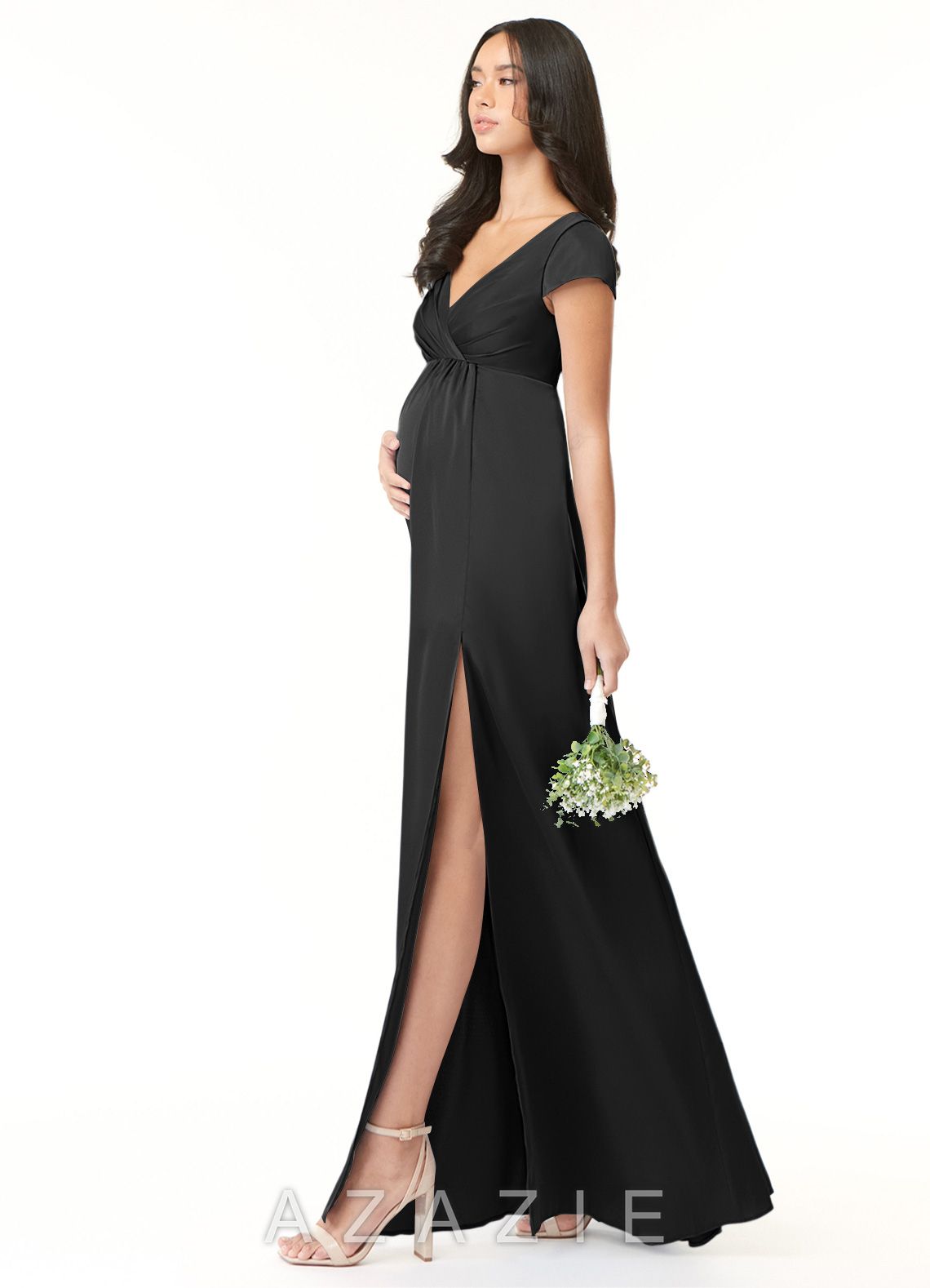 Azazie Allessia Stretch Satin Dress A-Line Pleated Stretch Satin Floor-Length Dress black