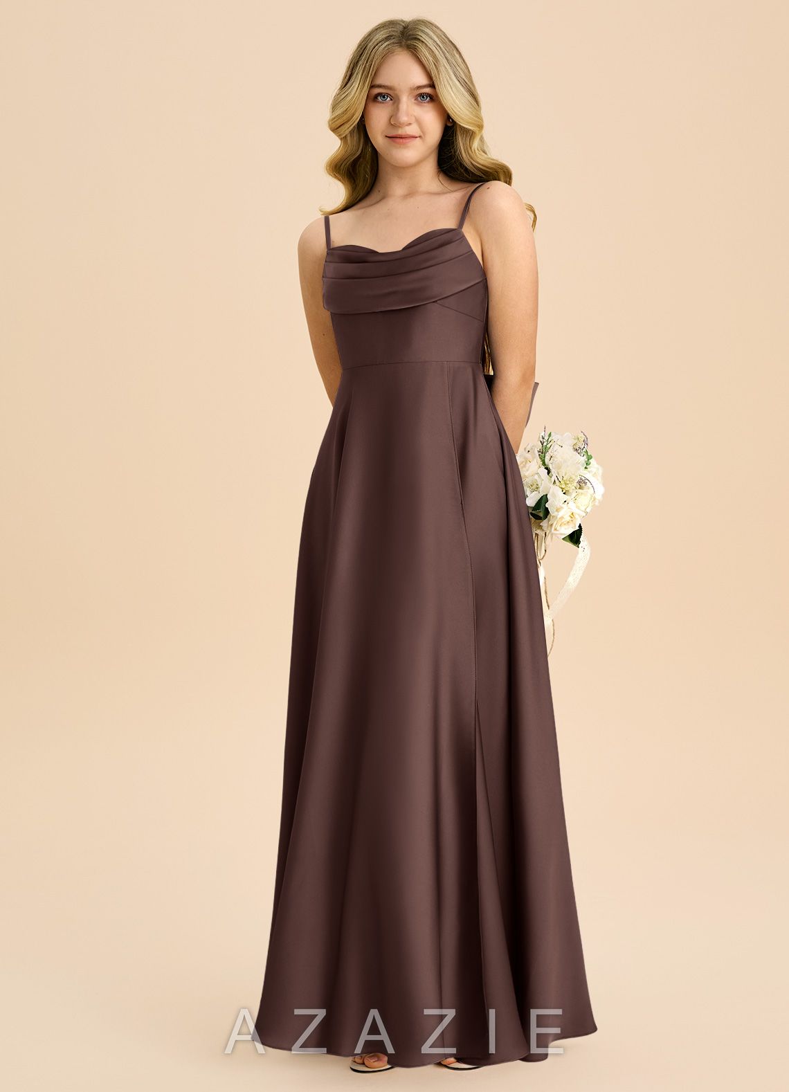 Azazie Bear Junior Ganache A-Line Sweetheart Neckline Stretch Satin Dress ganache