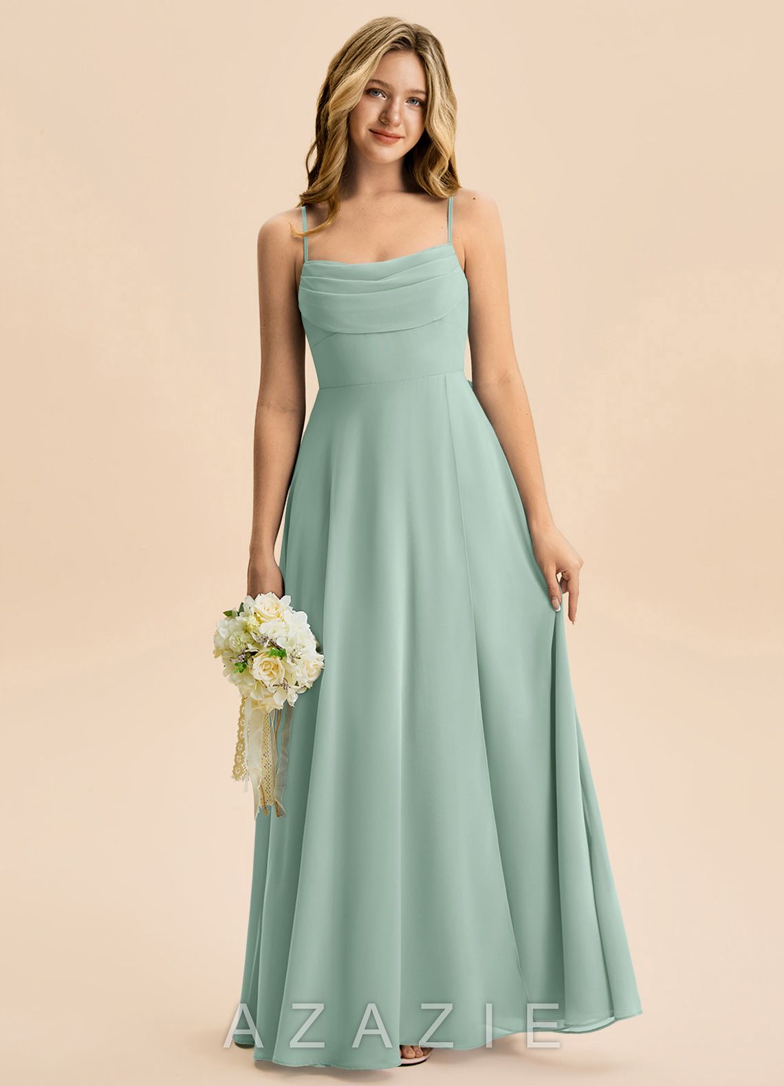 Azazie Bear Junior Agave A-Line Pleated Chiffon Dress