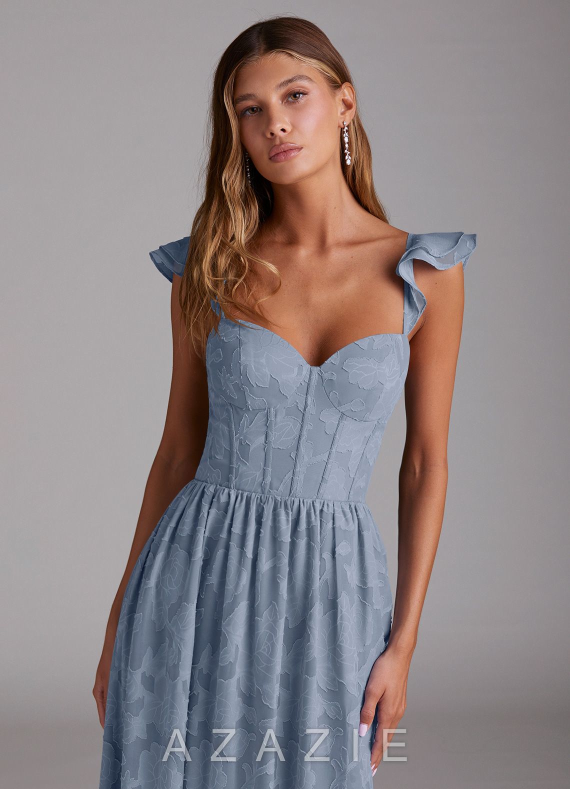 Azazie Denisse Dusty Blue A-Line Ruched Floral Burnout Dress dusty_blue