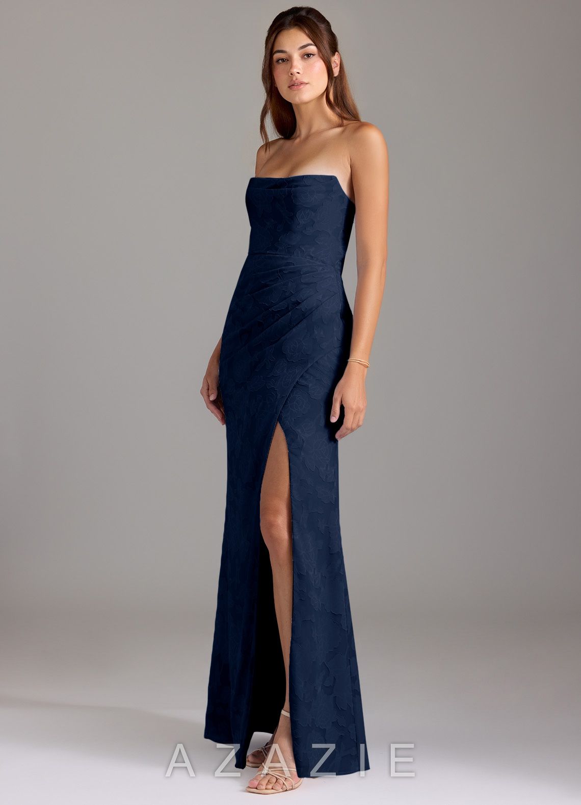 Azazie Leonis Dark Navy Sheath Strapless Floral Burnout Convertible Dress dark_navy