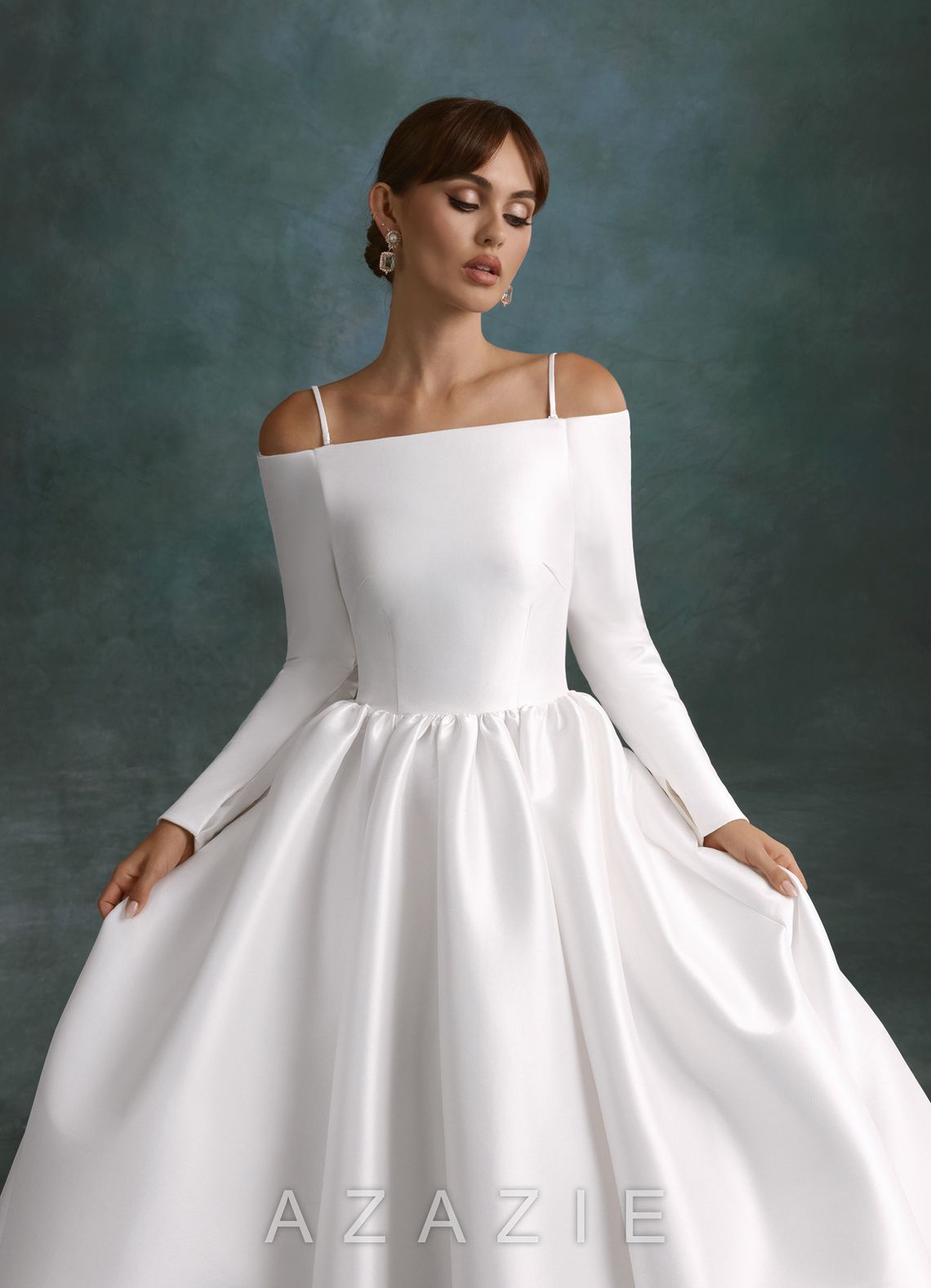 Azazie Cerese Diamond White Ball-Gown Off the Shoulder Mikado Dress diamond_white