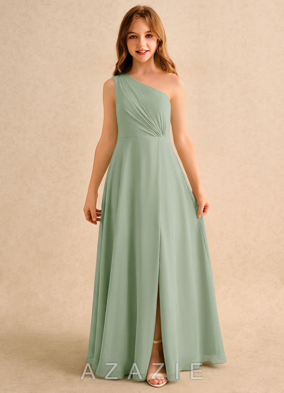 Azazie Puddles Girls Formal Dusty Sage A-Line One Shoulder Chiffon Dress dusty_sage