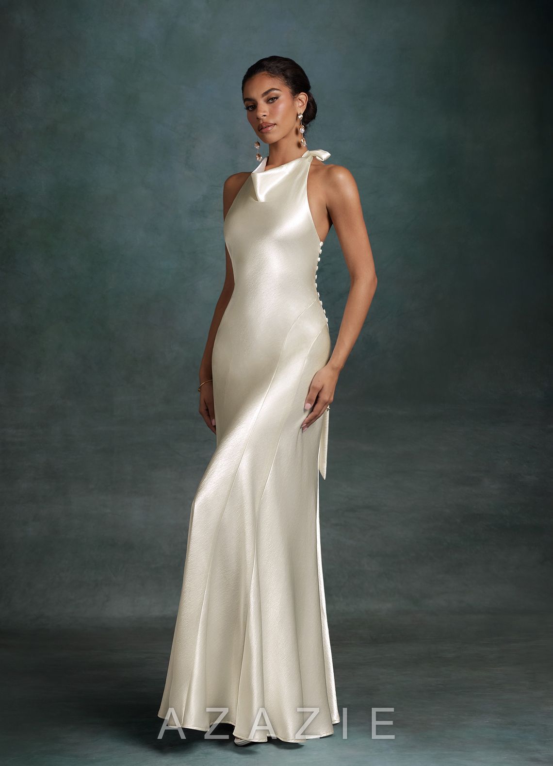 Azazie Autumn Antique White Mermaid High Neck Charmeuse Dress