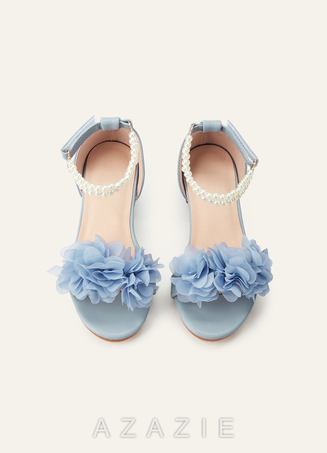 3D Chiffon Floral Pearl Ankle Strap Open Toe Flower Girl's Block Heels for Little & Big Kids  dusty_blue