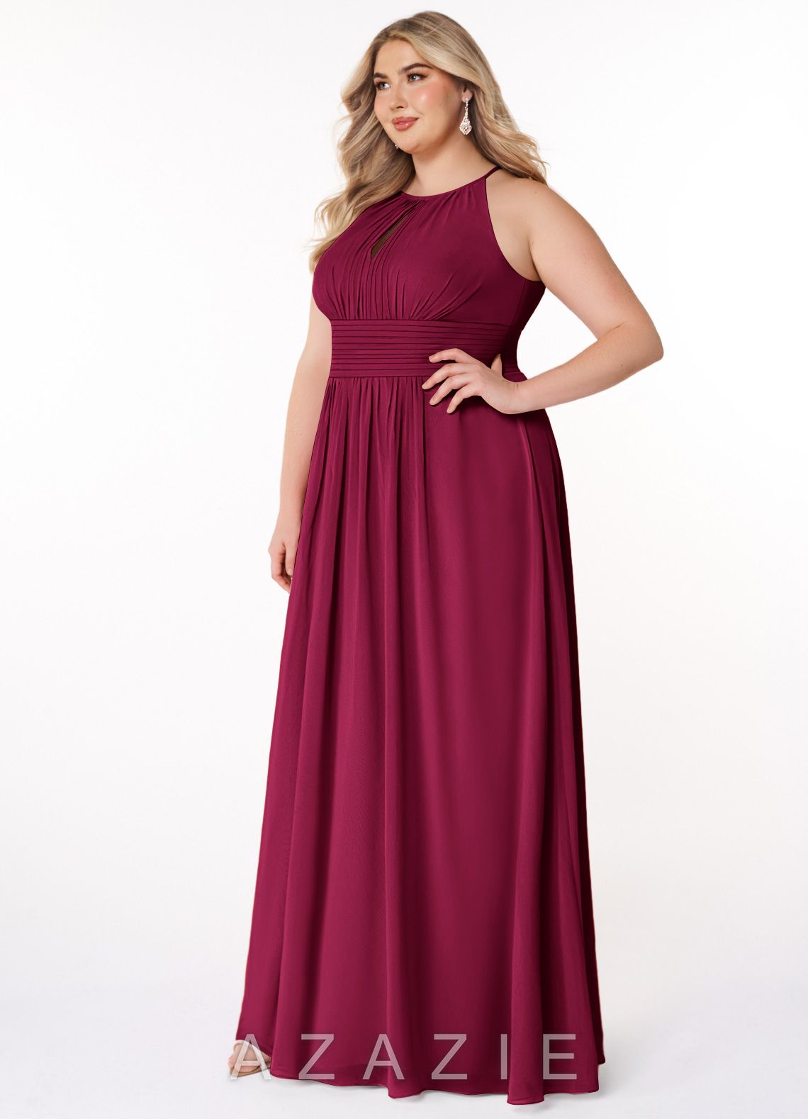 Azazie Bonnie Burgundy A-Line Keyhole Ruched Chiffon Dress burgundy