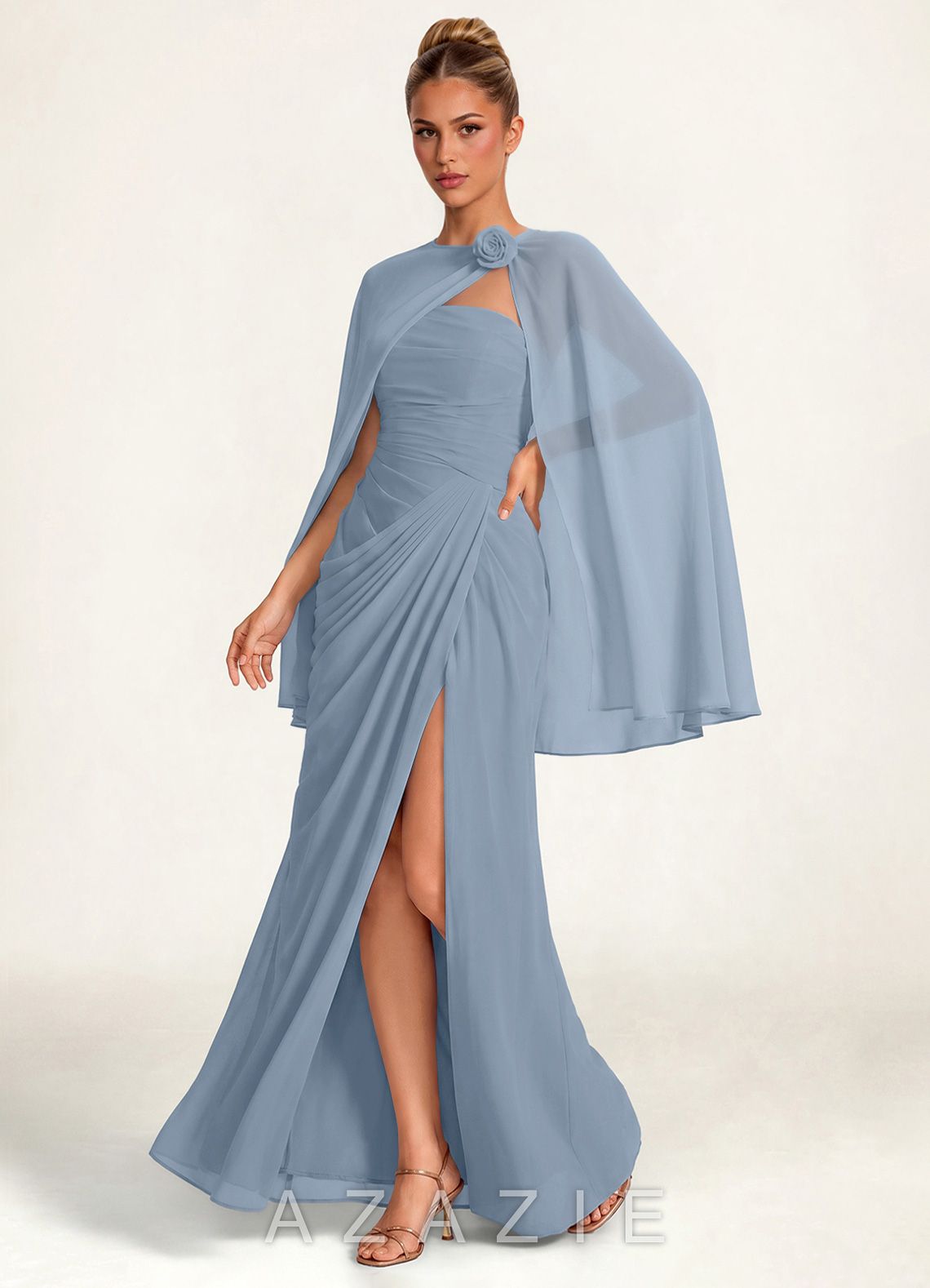 Azazie Matching Floral Rosette Clasp Chiffon Capelet  dusty_blue