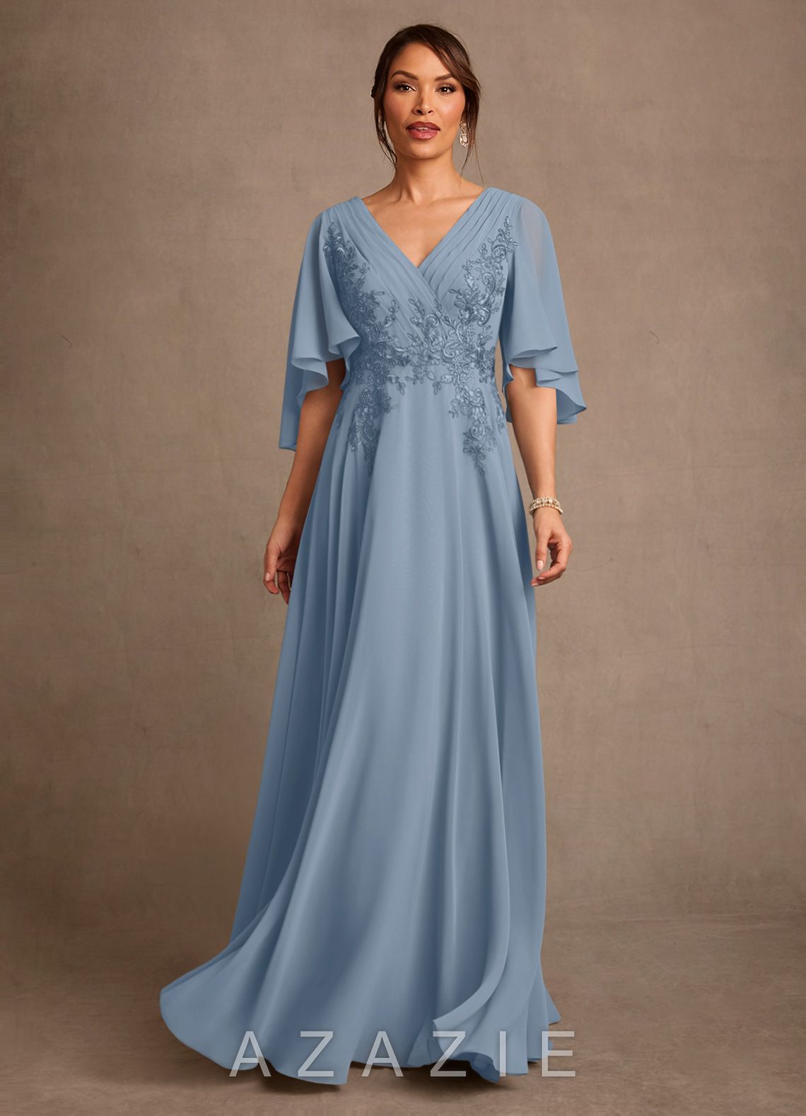 Azazie Tilda Dusty Blue A-Line Lace Chiffon Dress